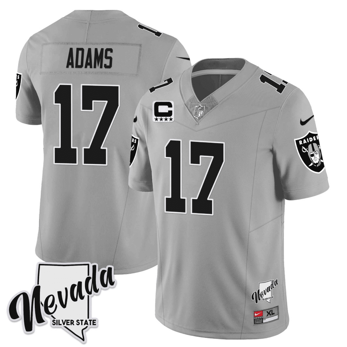 Men's Davante Adams Las Vegas Raiders 2023 Nevada Silver State Patch Vapor Silver Jersey â€“ All Stitched
