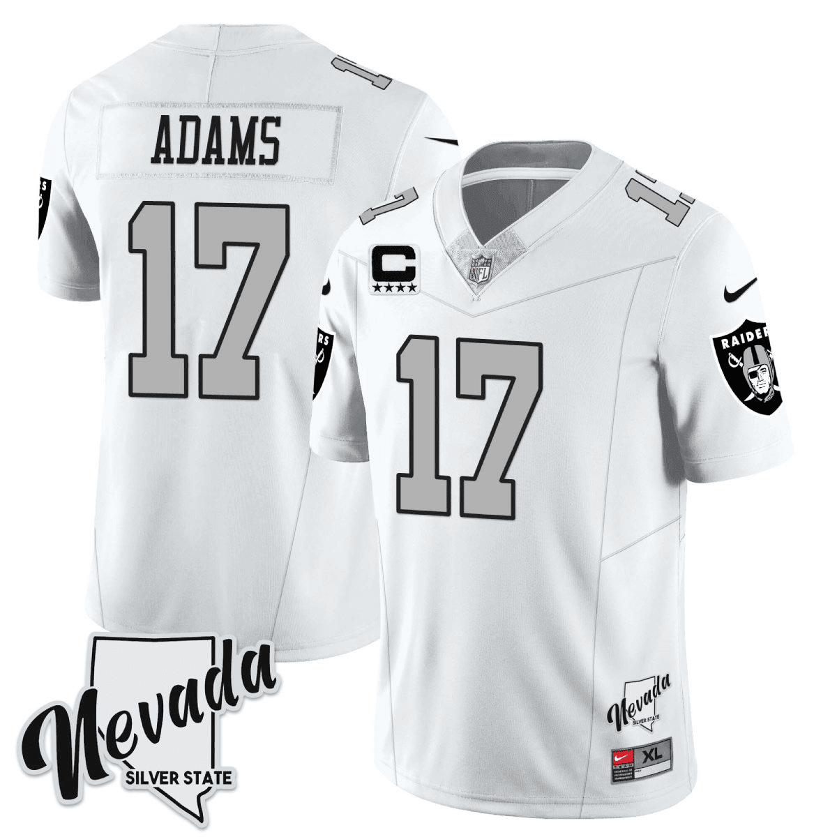 Men's Davante Adams Las Vegas Raiders 2023 Nevada Silver State Patch Vapor White Silver Jersey â€“ All Stitched