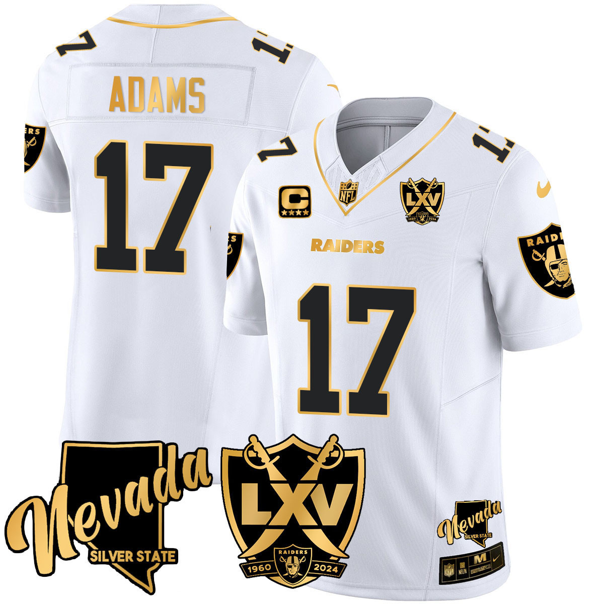 Men's Davante Adams Las Vegas Raiders 2024 Gold Vapor Limited White Gold Jersey - 65th Anniversary - All Stitched