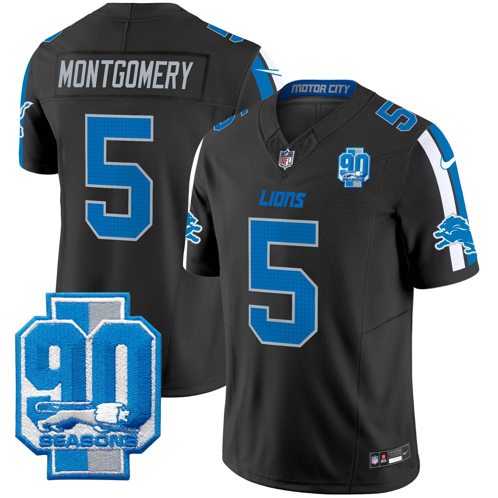 Men's David Montgomery Detroit Lions 90th Year Patch Vapor Limited Black Jersey - All Stitched