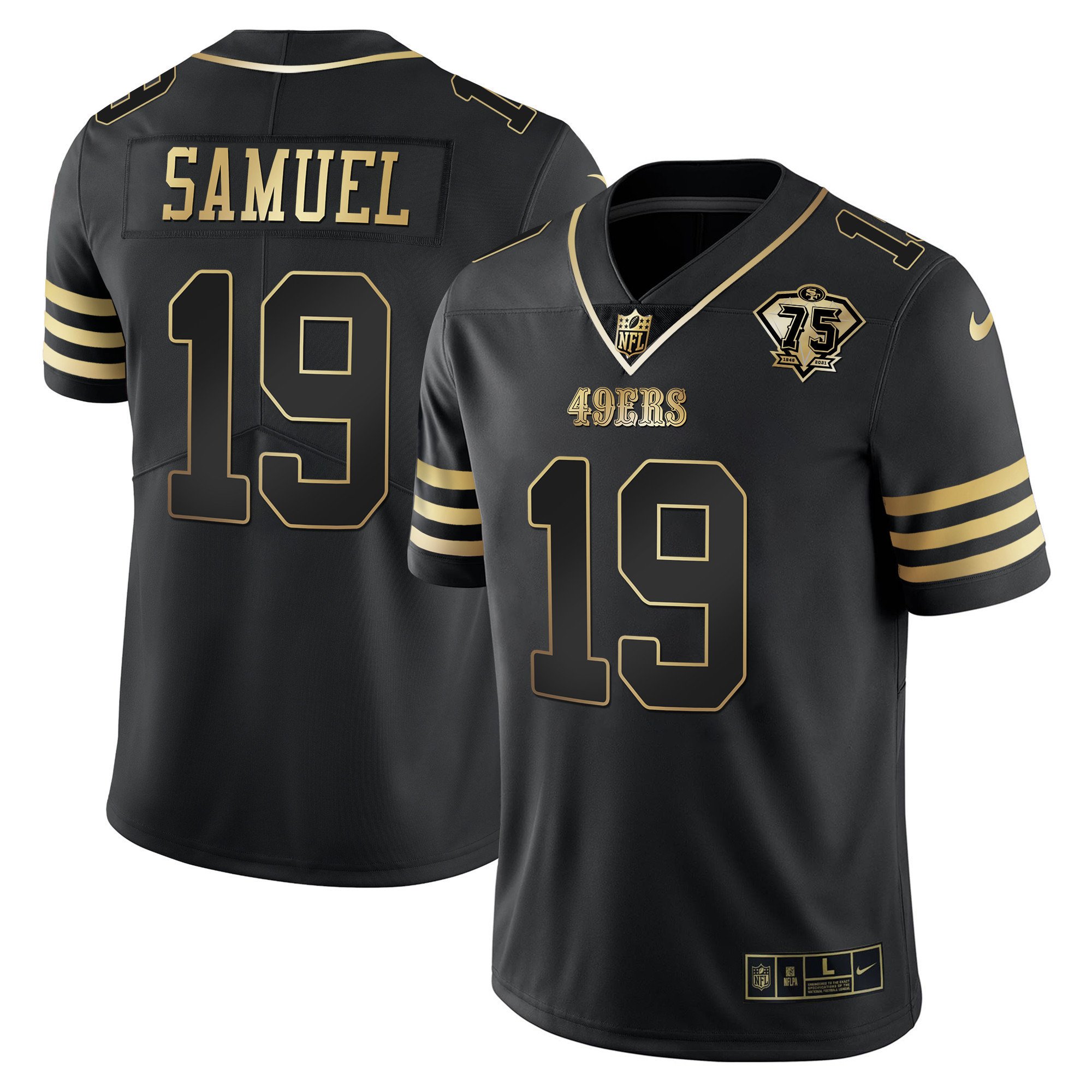 Men's Deebo Samuel San Francisco 49ers 75th Anniversary Patch Vapor Gold Black Gold Jersey - All Stitched