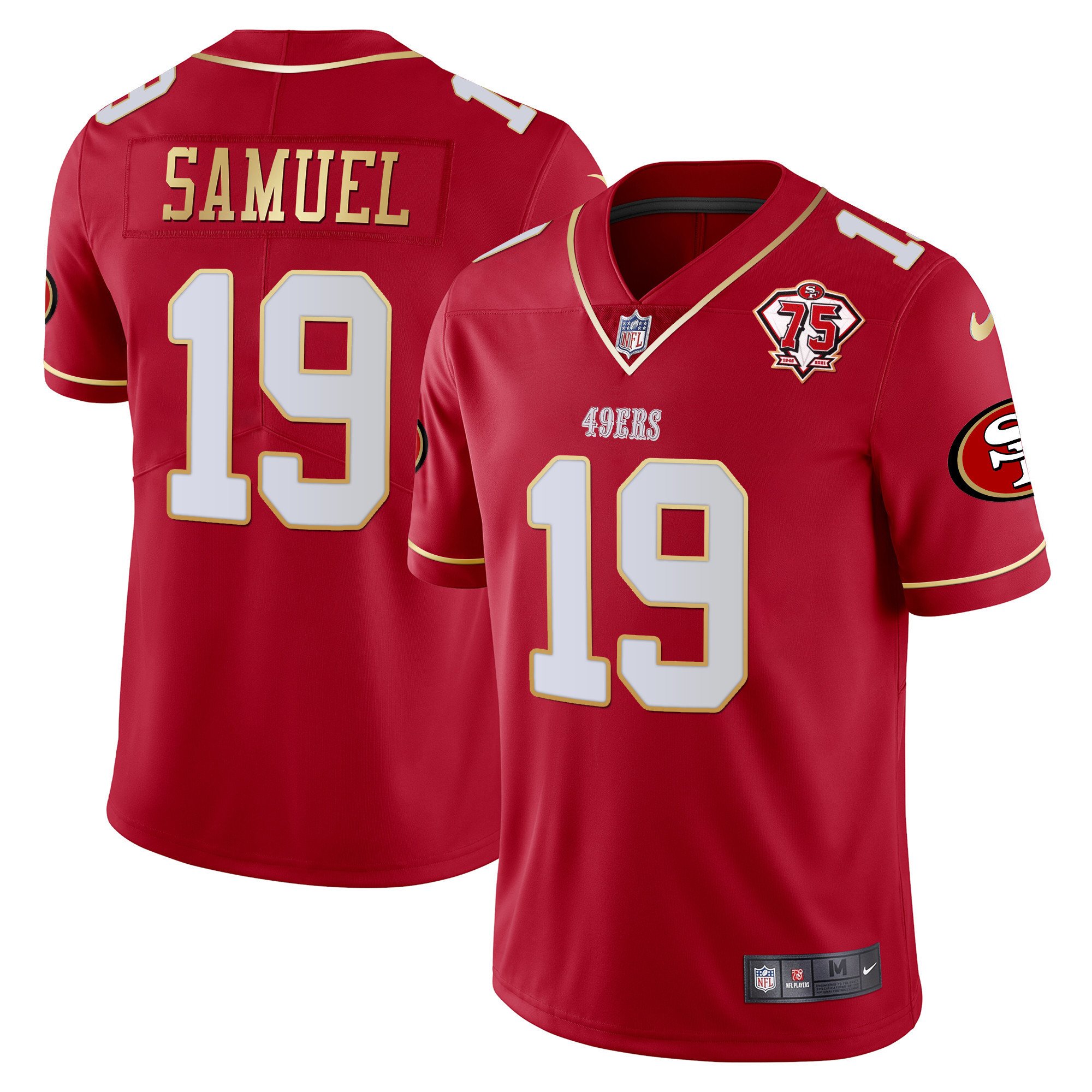 Men's Deebo Samuel San Francisco 49ers 75th Anniversary Patch Vapor Gold Trim Red Gold Jersey V2 - All Stitched