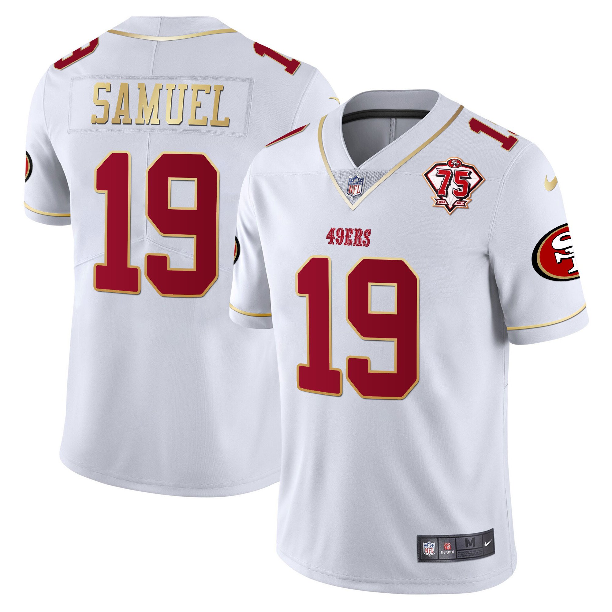 Men's Deebo Samuel San Francisco 49ers 75th Anniversary Patch Vapor Gold Trim White Gold Jersey V2 - All Stitched