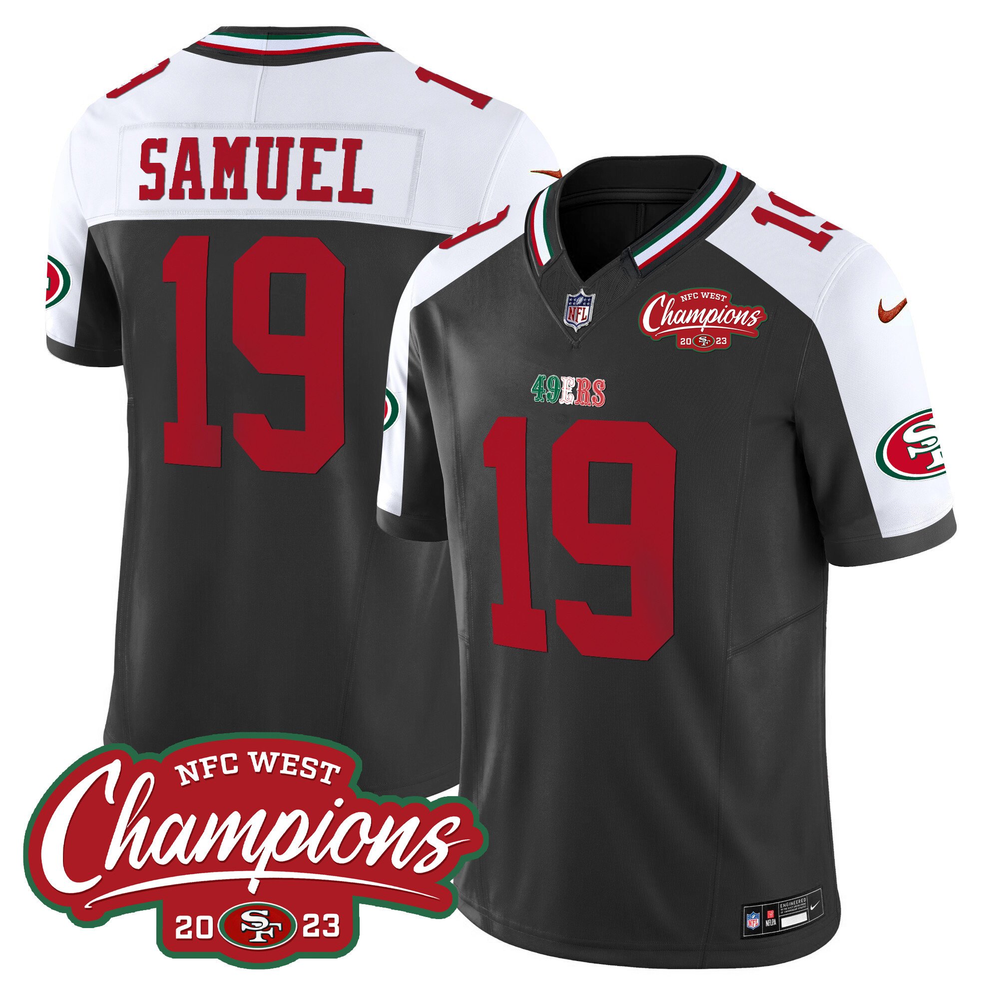 Men's Deebo Samuel San Francisco 49ers Mexico 2023 NFC West Champions Patch Vapor Black Alternate Jersey - All Stitched