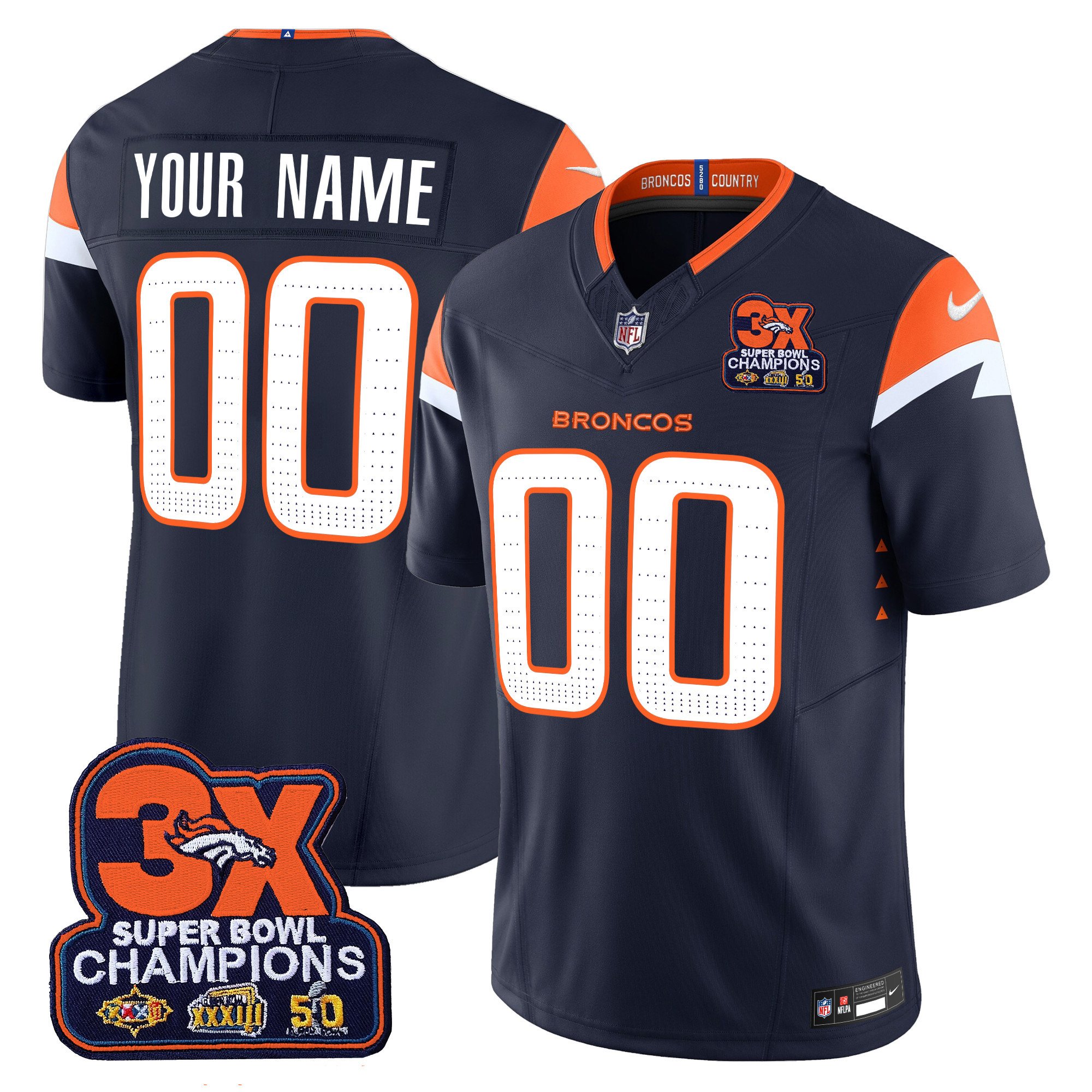 Men's Denver Broncos 3-Time Champions Patch Vapor Limited Custom Navy Jersey - All Stitched
