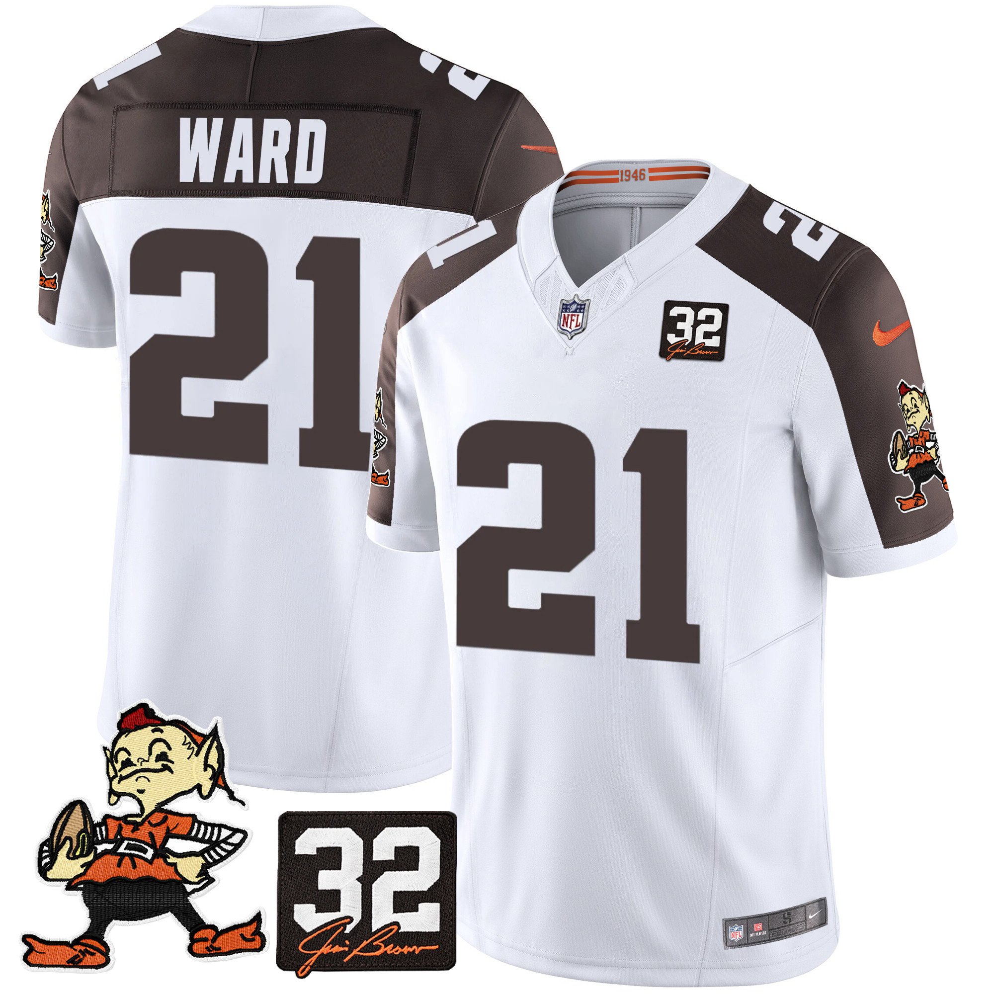 Men's Denzel Ward Cleveland Browns #32 Jim Brown Memorial Patch Vapor Limited Inverted Jersey V2 - All Stitched