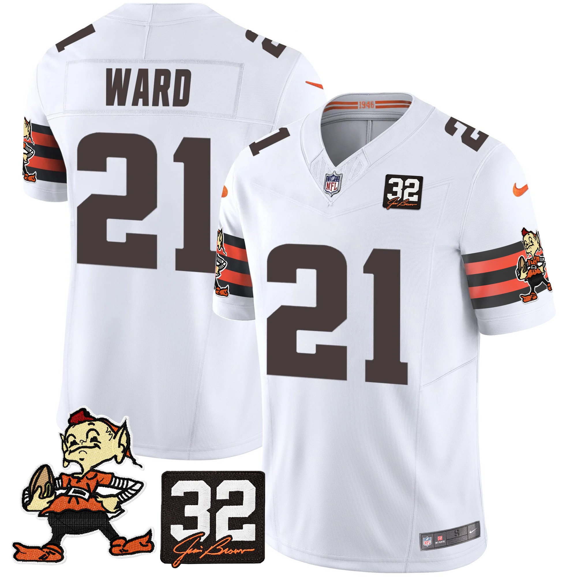 Men's Denzel Ward Cleveland Browns #32 Jim Brown Memorial Patch Vapor Limited White Jersey V2 - All Stitched