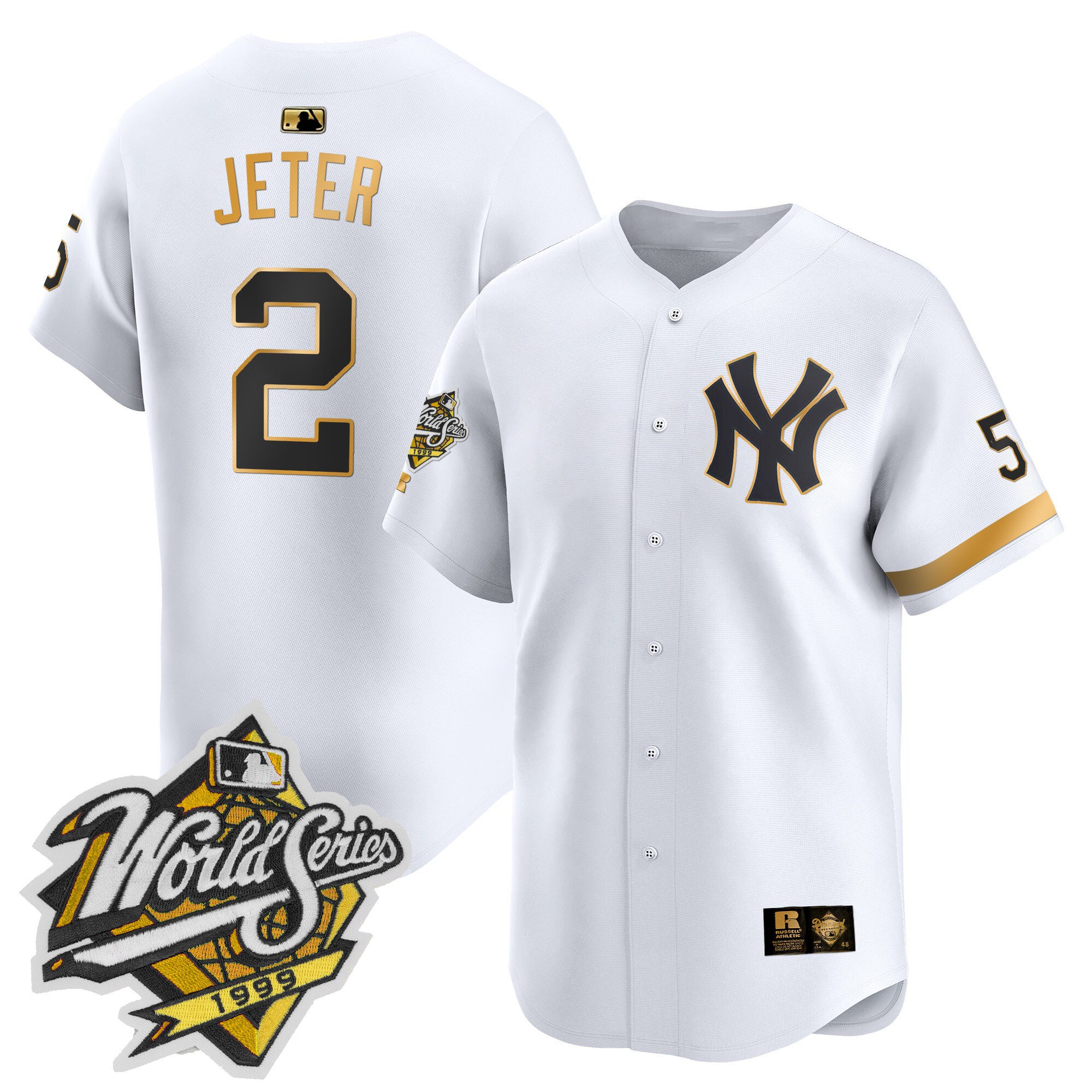 Men's Derek Jeter New York Yankees 1999 Throwback Joe DiMaggio Patch Vapor Premier Limited White Gold Jersey - All Stitched