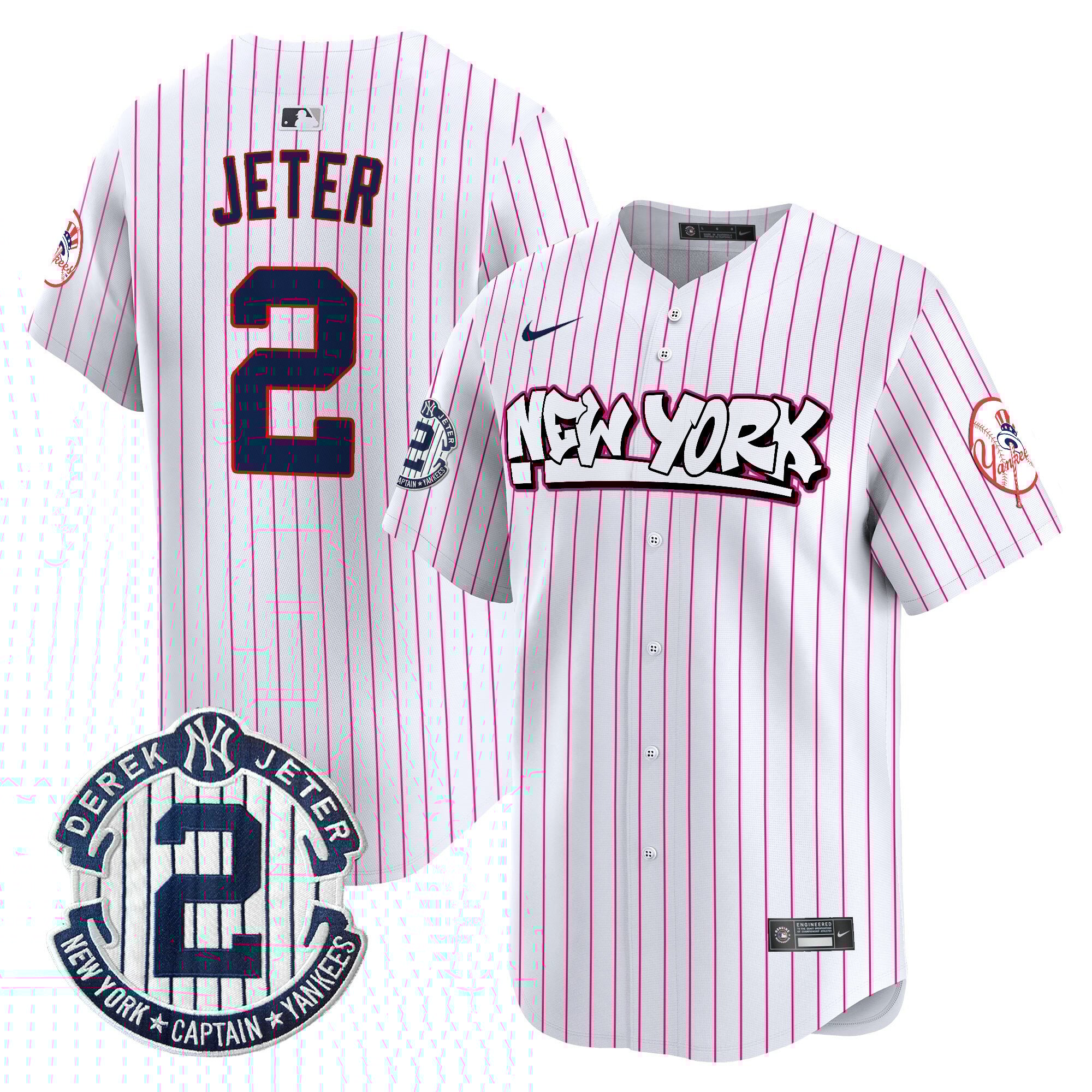 Men's Derek Jeter New York Yankees Graffiti Vapor Premier Limited Pink Stripe Jersey V2 - All Stitched