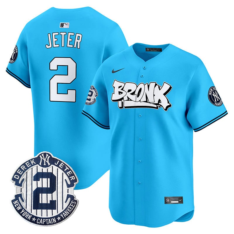 Men's Derek Jeter New York Yankees The Bronx Graffiti Vapor Premier Limited Light Blue Jersey V3 - All Stitched