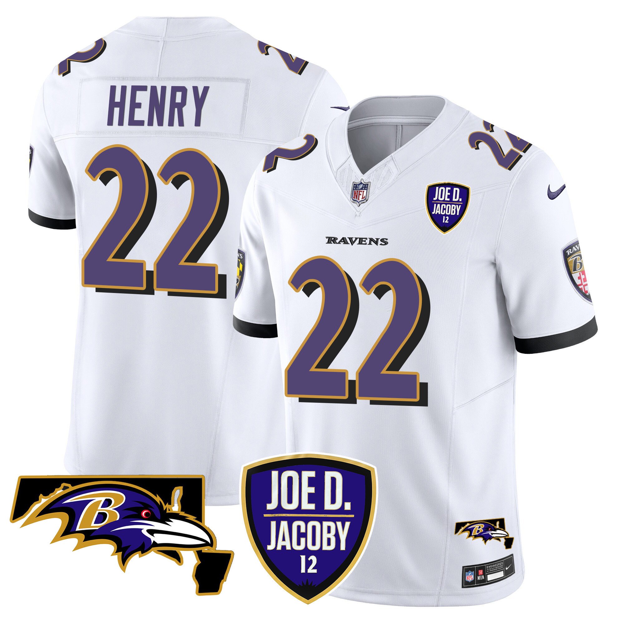 Men's Derrick Henry Baltimore Ravens Joe D & Jacoby Patch Vapor Limited White Jersey - All Stitched