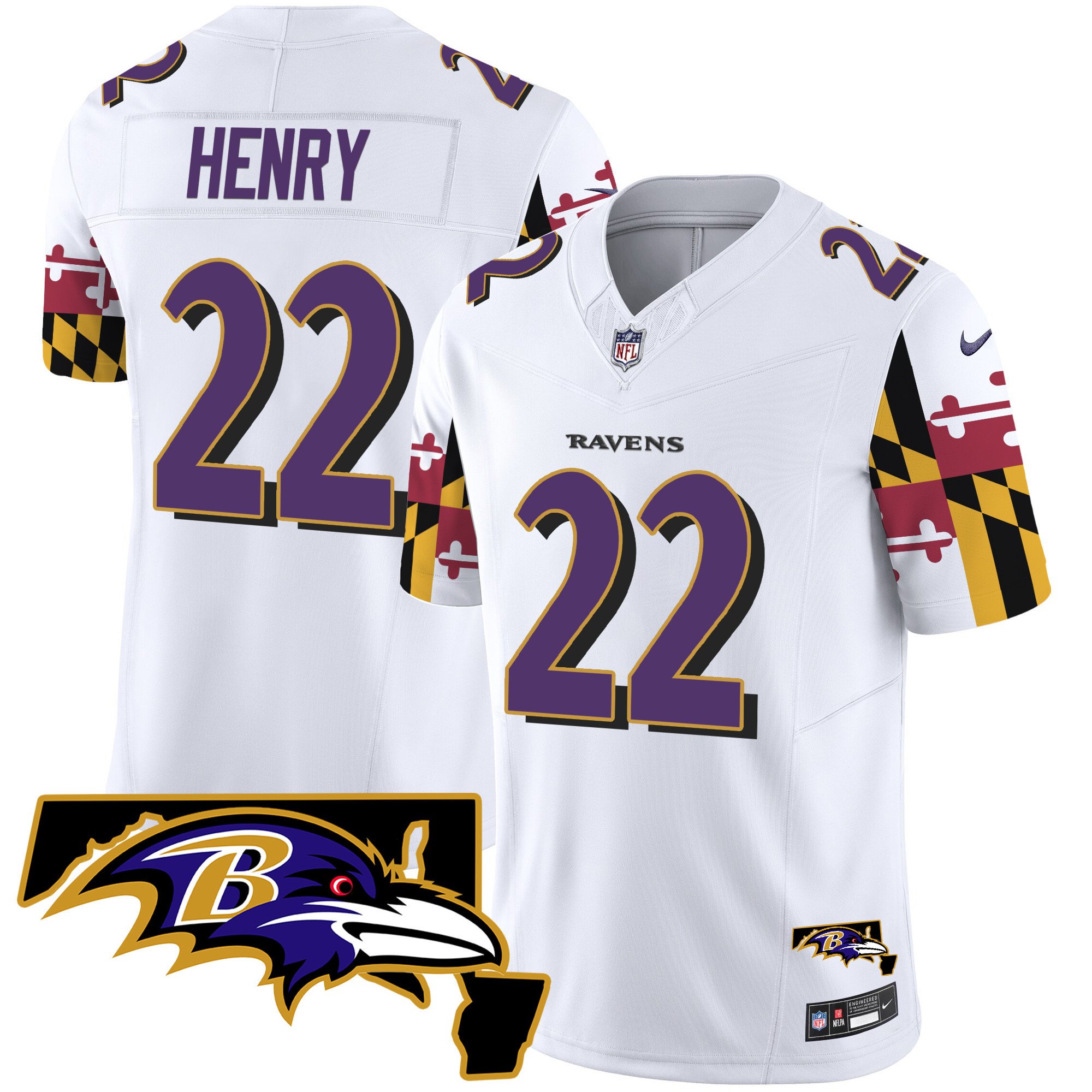Men's Derrick Henry Baltimore Ravens Maryland Flag Vapor Limited White Jersey V2 - All Stitched