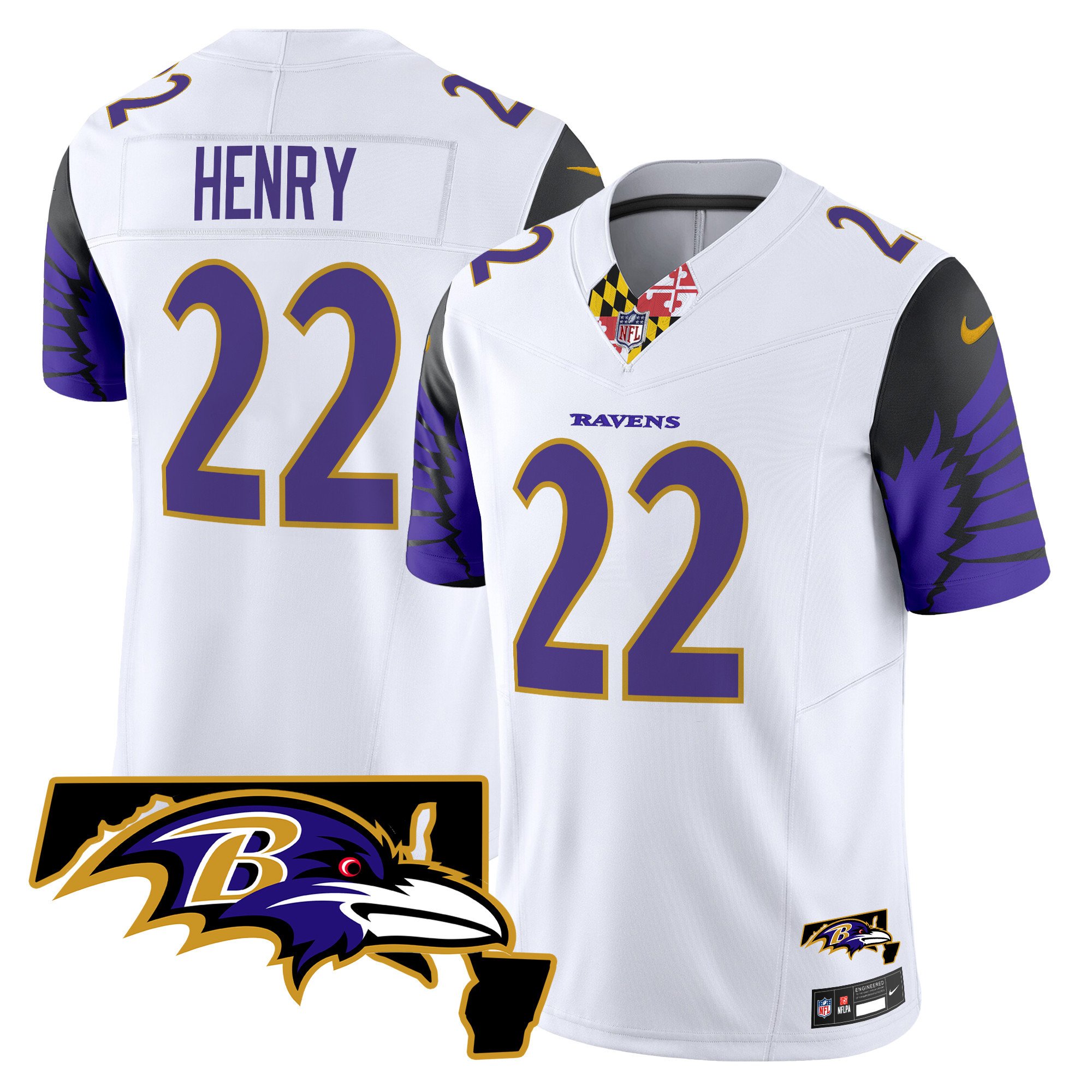 Men's Derrick Henry Baltimore Ravens Maryland Patch Vapor Limited White Jersey V2 - All Stitched