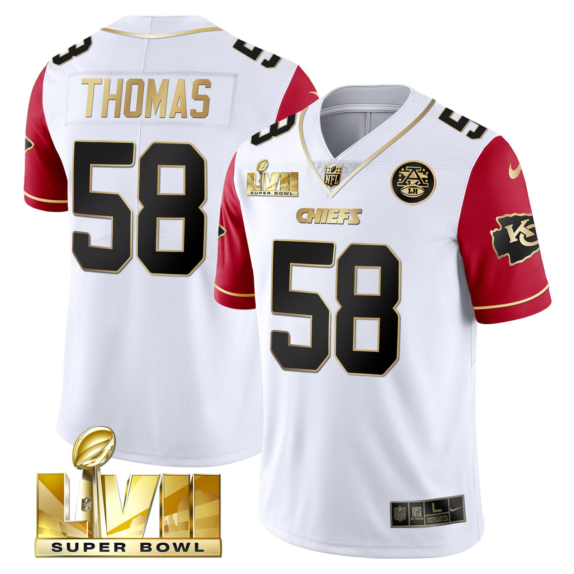 Men's Derrick Thomas Kansas City Chiefs Super Bowl Vapor Gold Color Sleeve Jersey V2- All Stitched