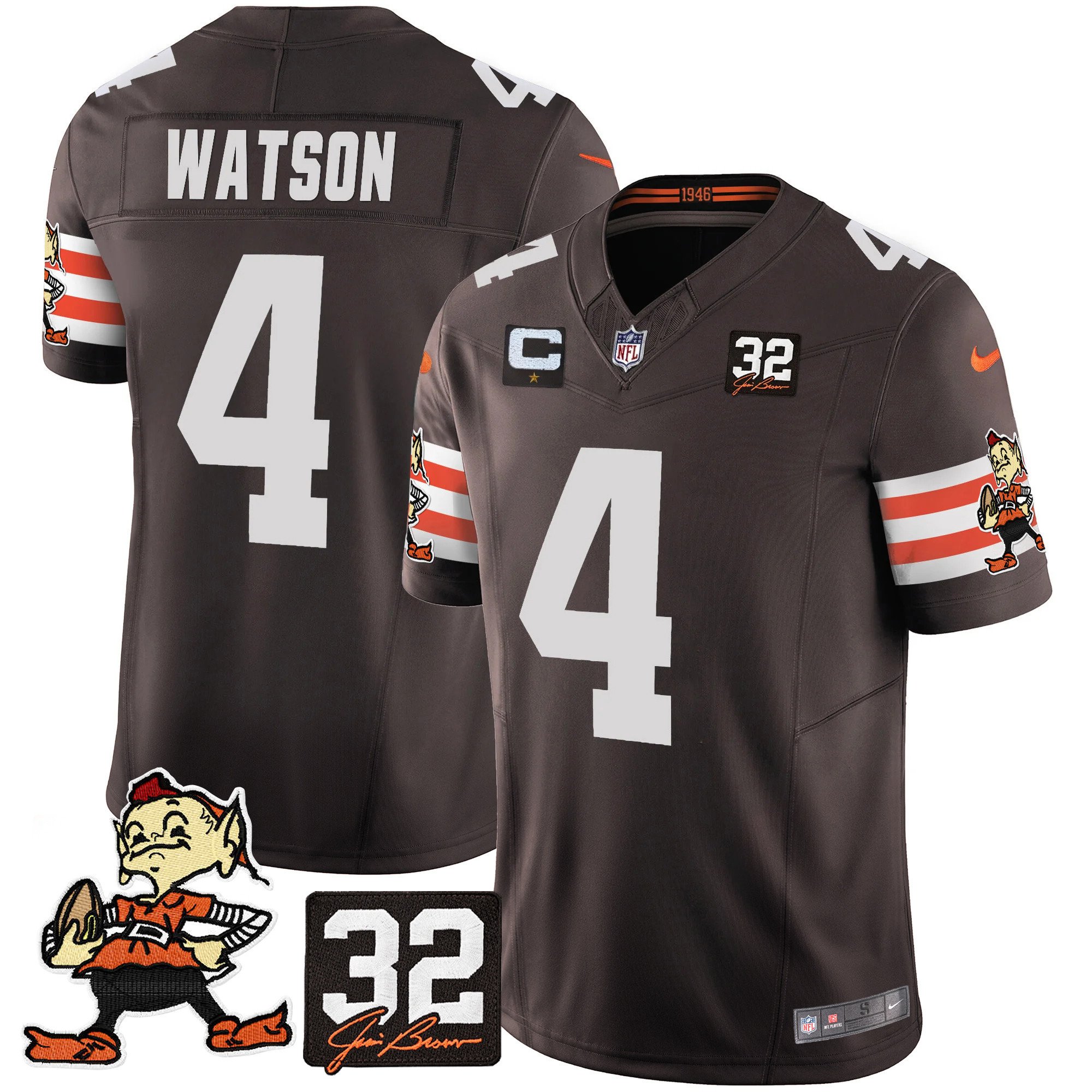 Men's Deshaun Watson Cleveland Browns #32 Jim Brown Memorial Patch Vapor Limited Brown Jersey V2 - All Stitched
