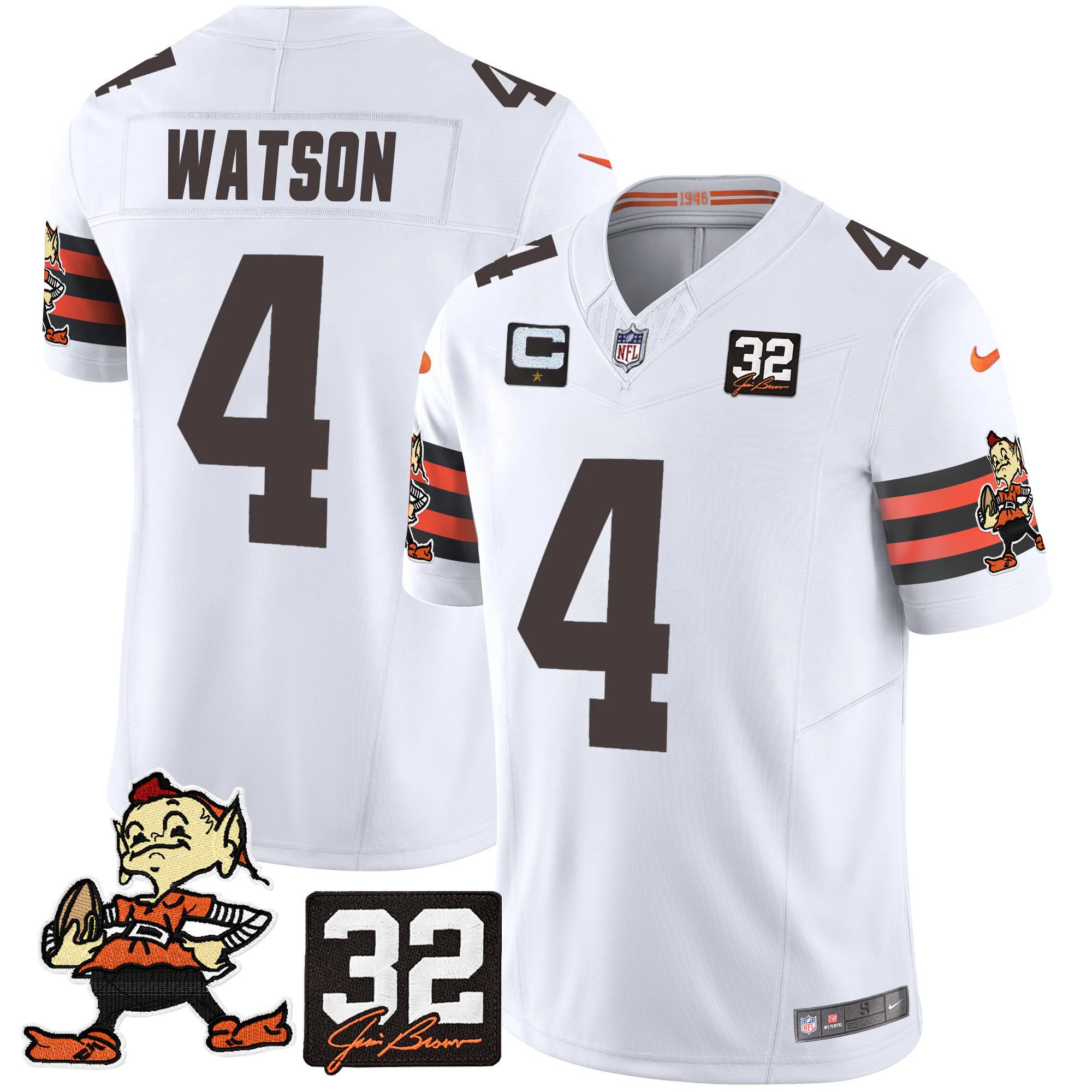 Men's Deshaun Watson Cleveland Browns #32 Jim Brown Memorial Patch Vapor Limited White Jersey V2 - All Stitched