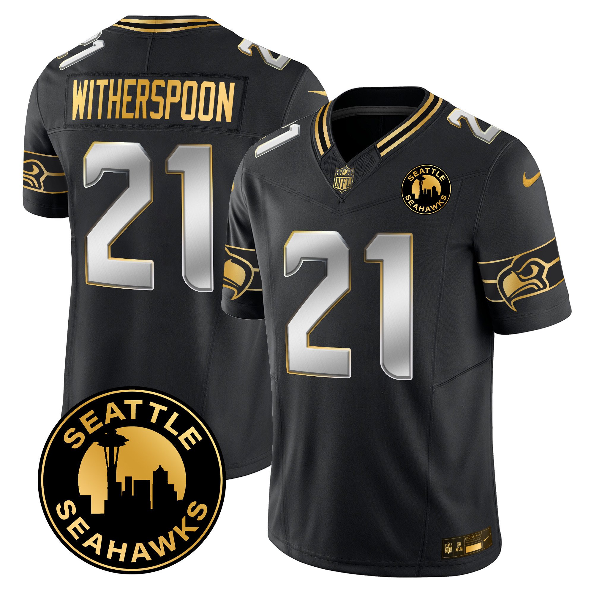 Men's Devon Witherspoon Seattle Seahawks 2024 Seattle City Patch Gold Vapor Limited Black Limited Jersey - All Stitched