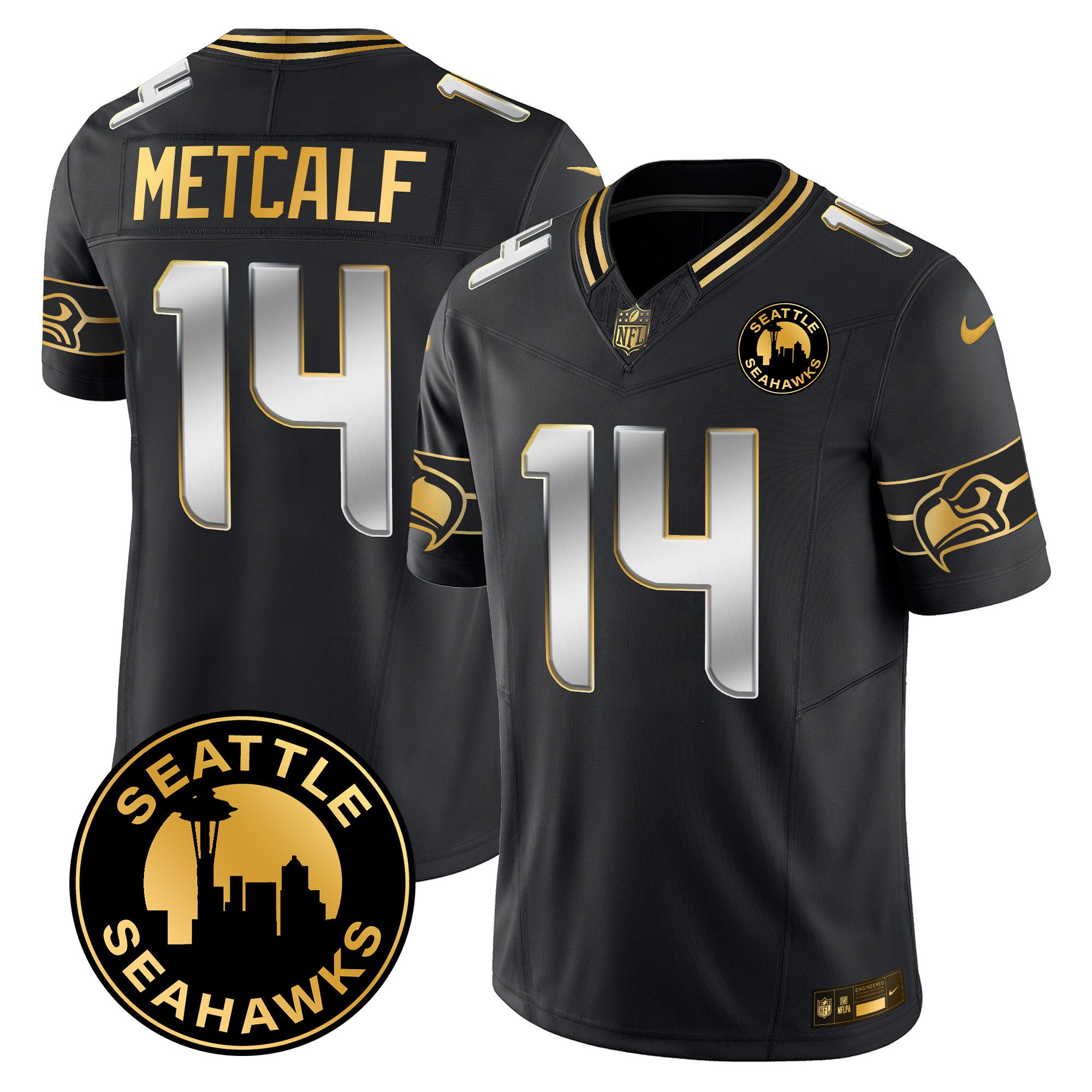 Men's Dk Metcalf Seattle Seahawks 2024 Seattle City Patch Gold Vapor Limited Black Limited Jersey - All Stitched