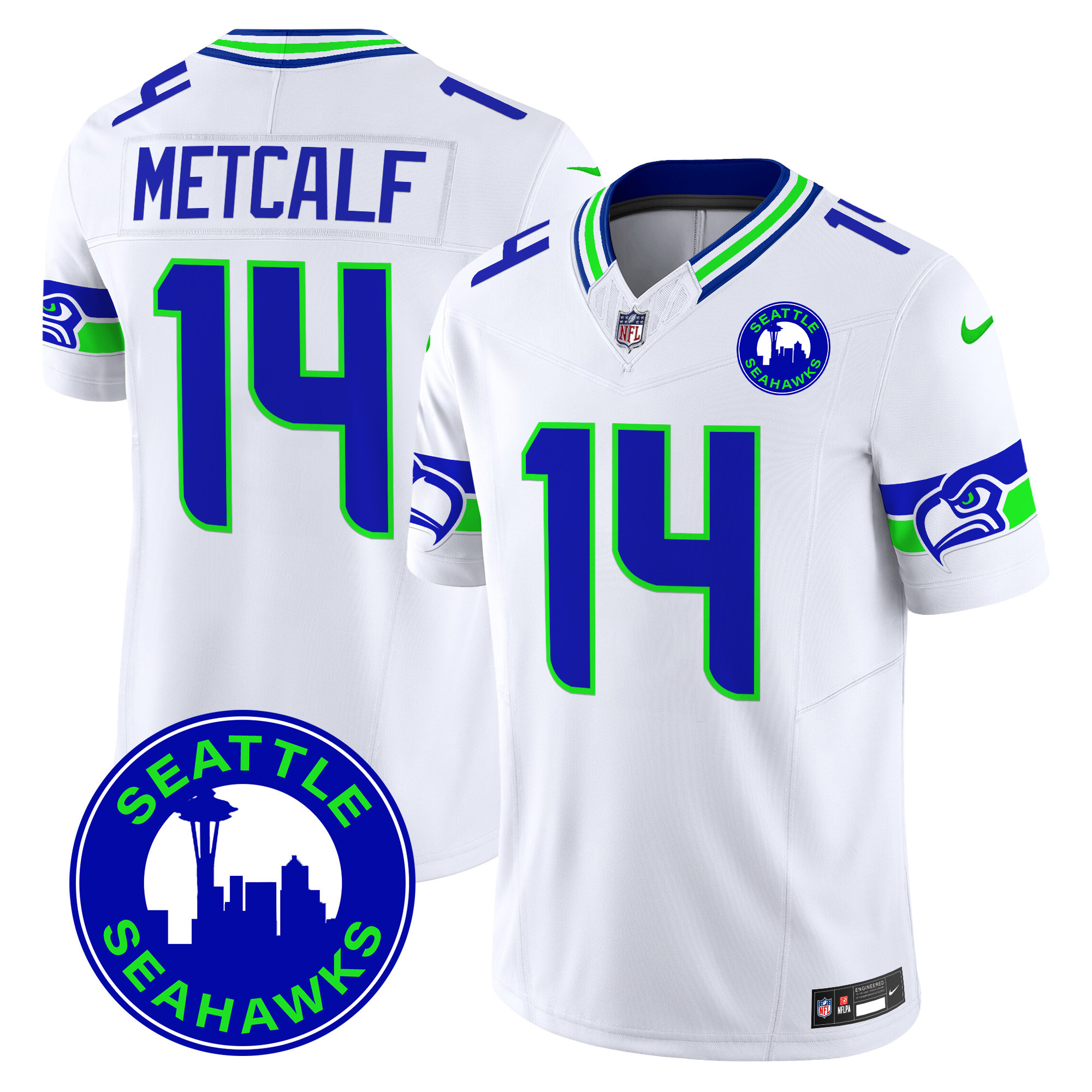 Men's DK Metcalf Seattle Seahawks 2024 Seattle City Patch Vapor Limited White Jersey - All Stitched
