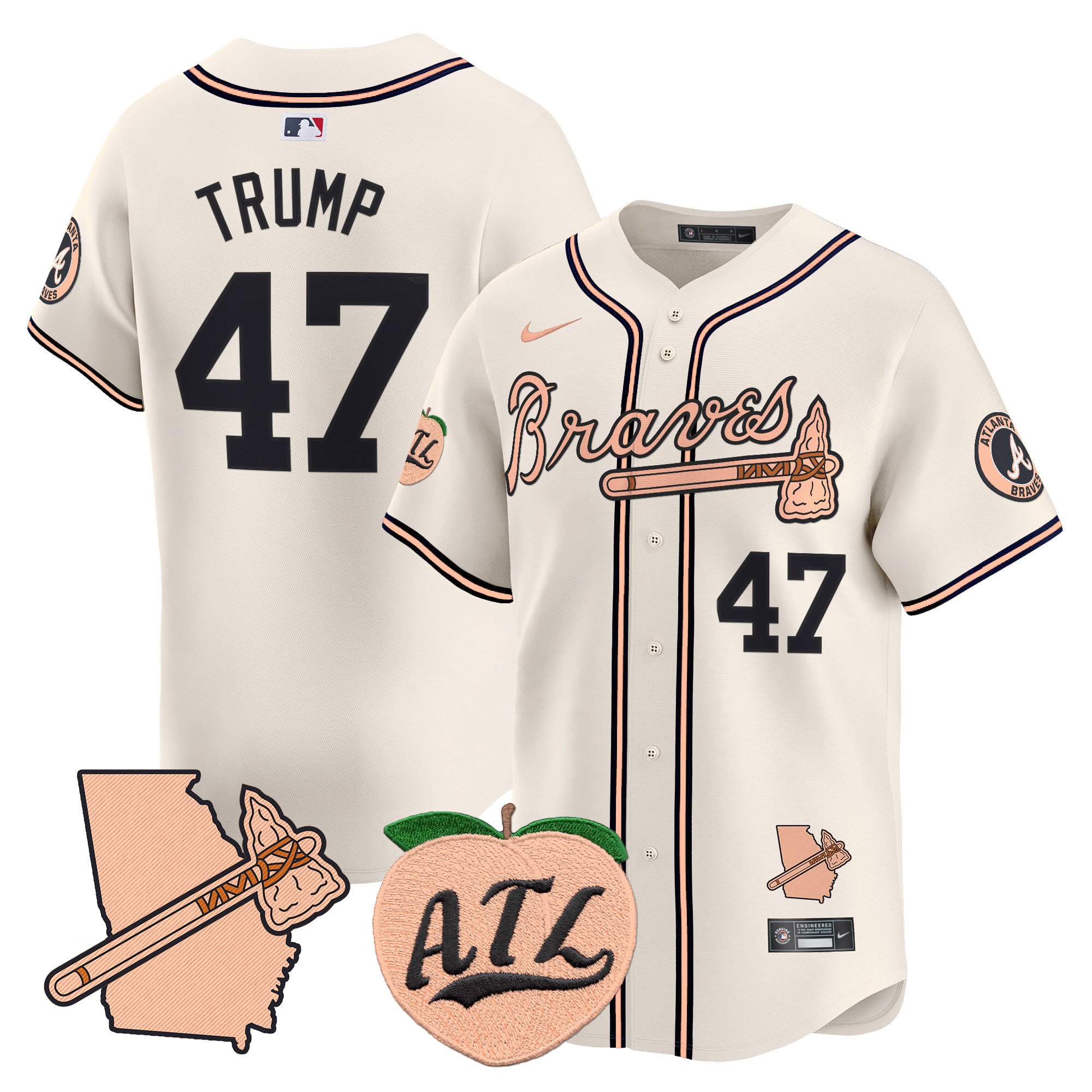 Men's Donald Trump Atlanta Braves Peach Vapor Premier Limited Cream Jersey - All Stitched