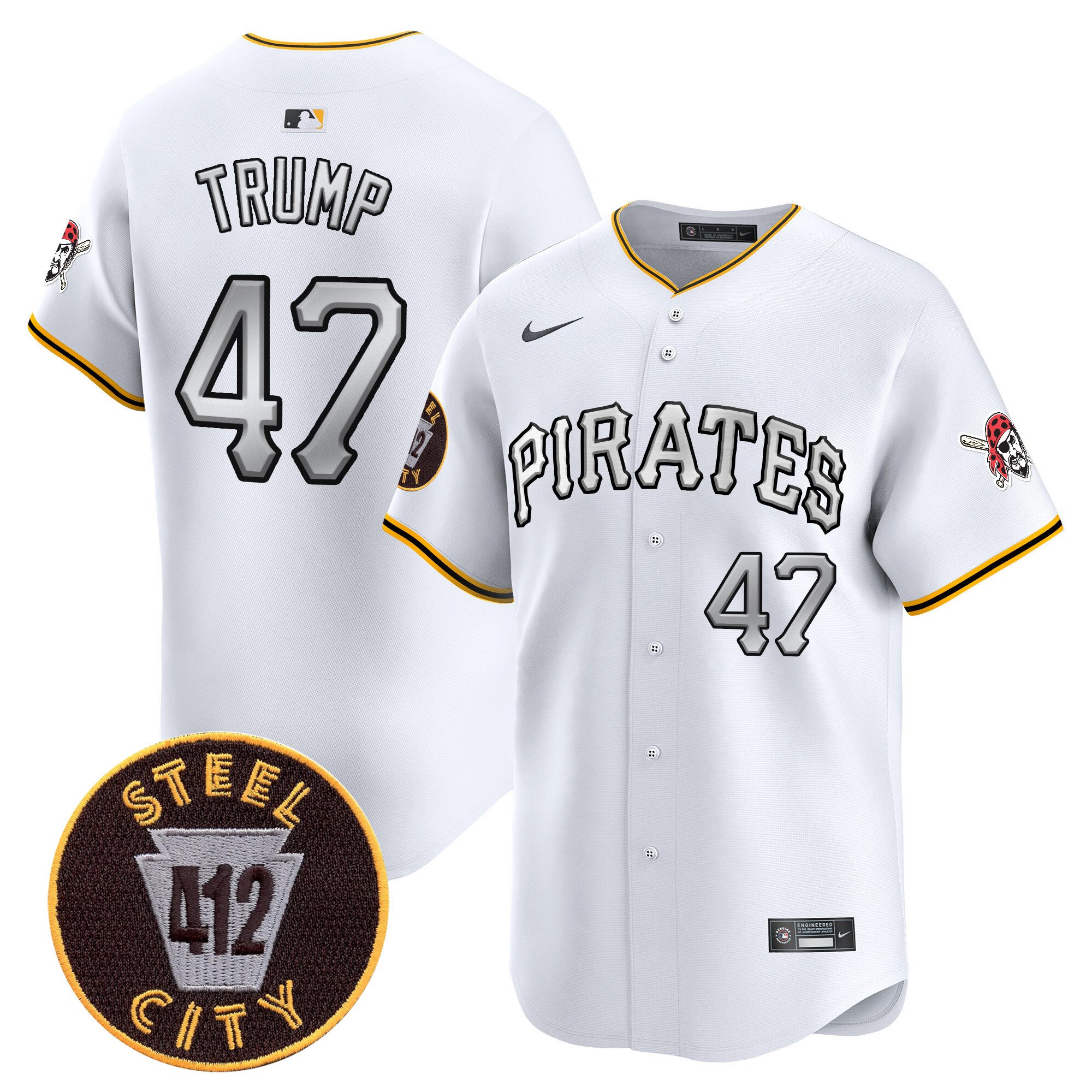 Men's Donald Trump Pittsburgh Pirates 412 Patch Vapor Premier Limited White Jersey V6 - All Stitched