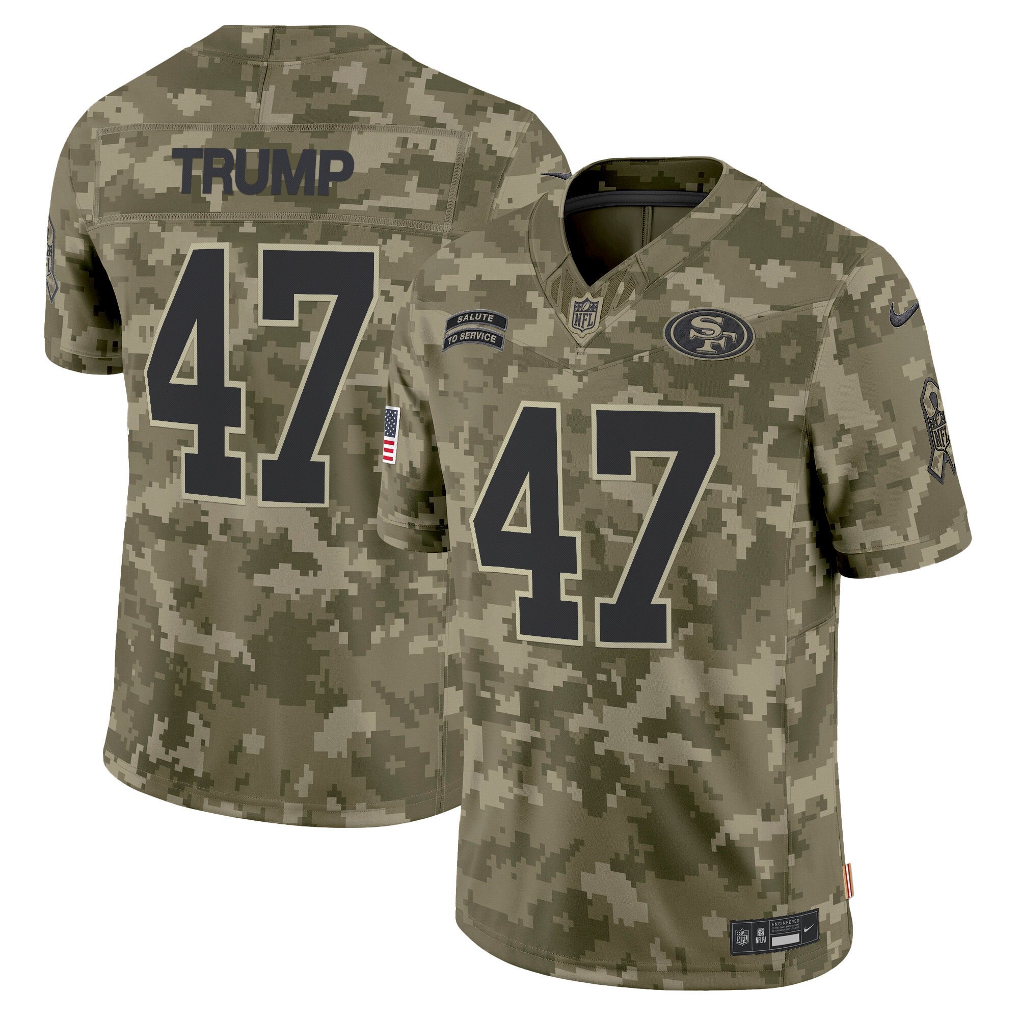 Men's Donald Trump San Francisco 49ers 2024 Salute to Service Vapor Limited Olive Camo Jersey - All stitched