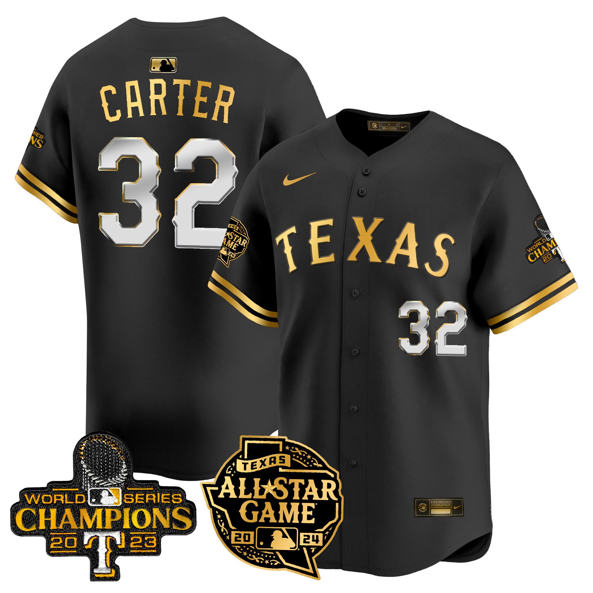 Men's Evan Carter Texas Rangers 2024 All Star Game Patch Vapor Premier Limited Black Gold Jersey - All Stitched