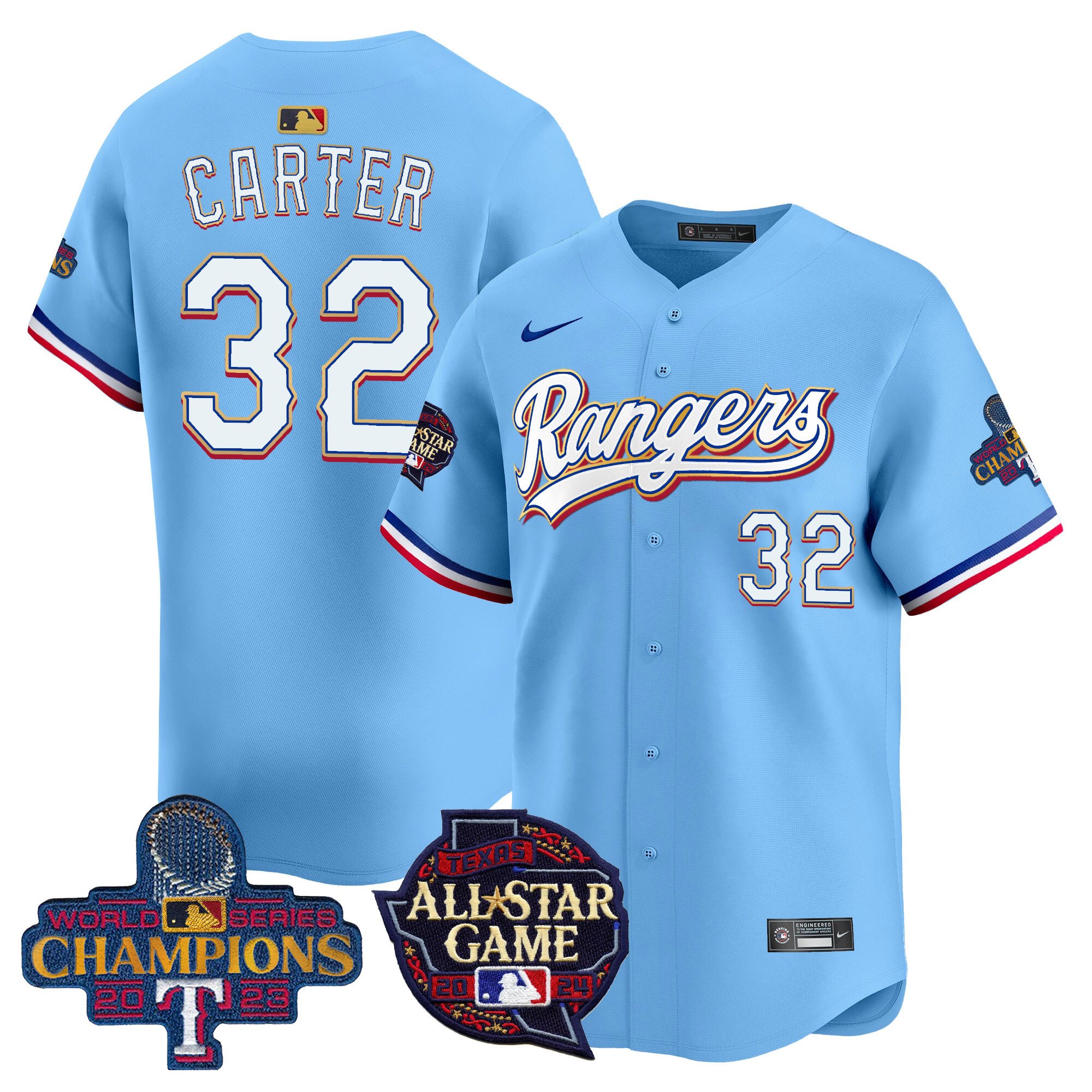 Men's Evan Carter Texas Rangers 2024 All Star Game Patch Vapor Premier Limited Blue Jersey - All Stitched
