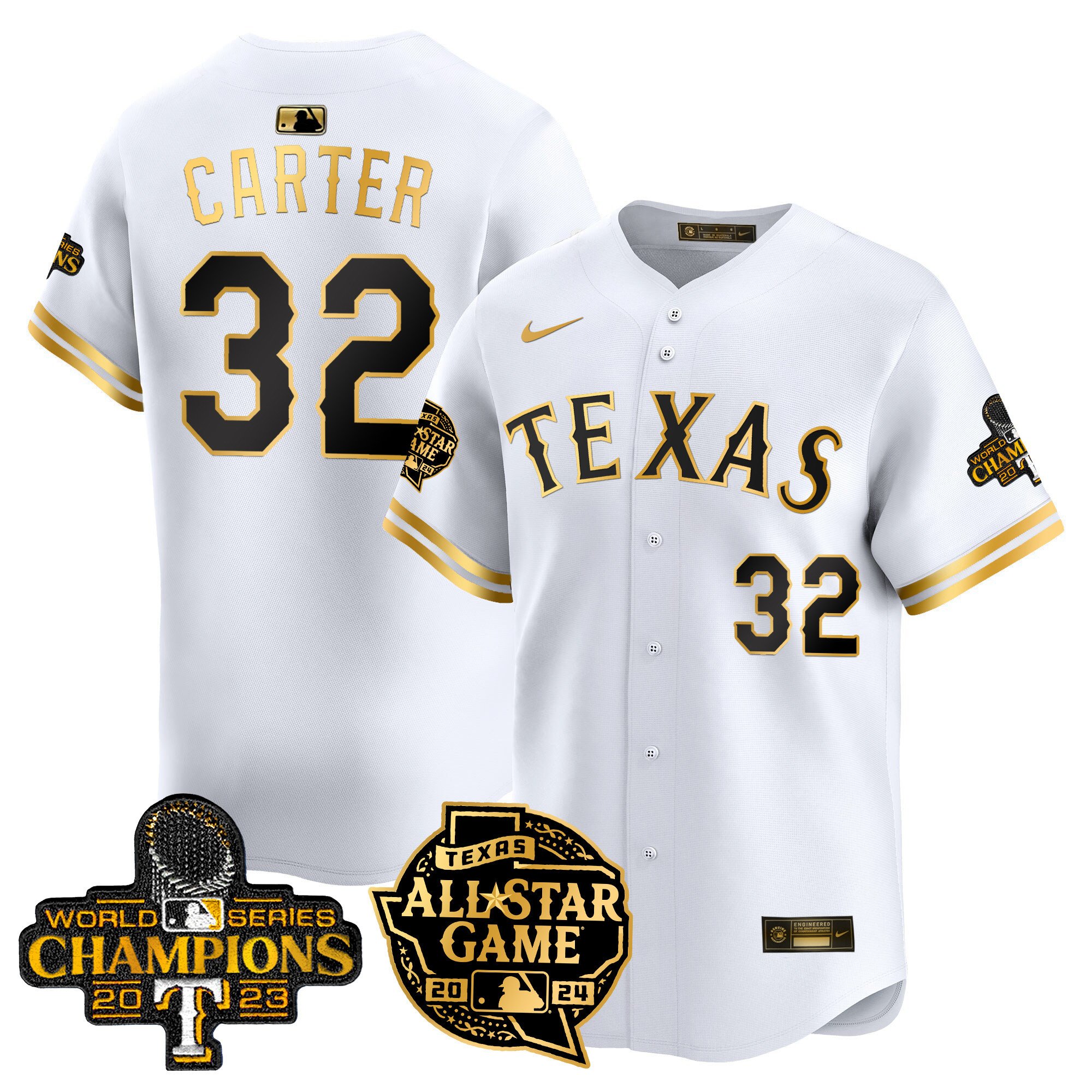 Men's Evan Carter Texas Rangers 2024 All Star Game Patch Vapor Premier Limited White Gold Jersey - All Stitched