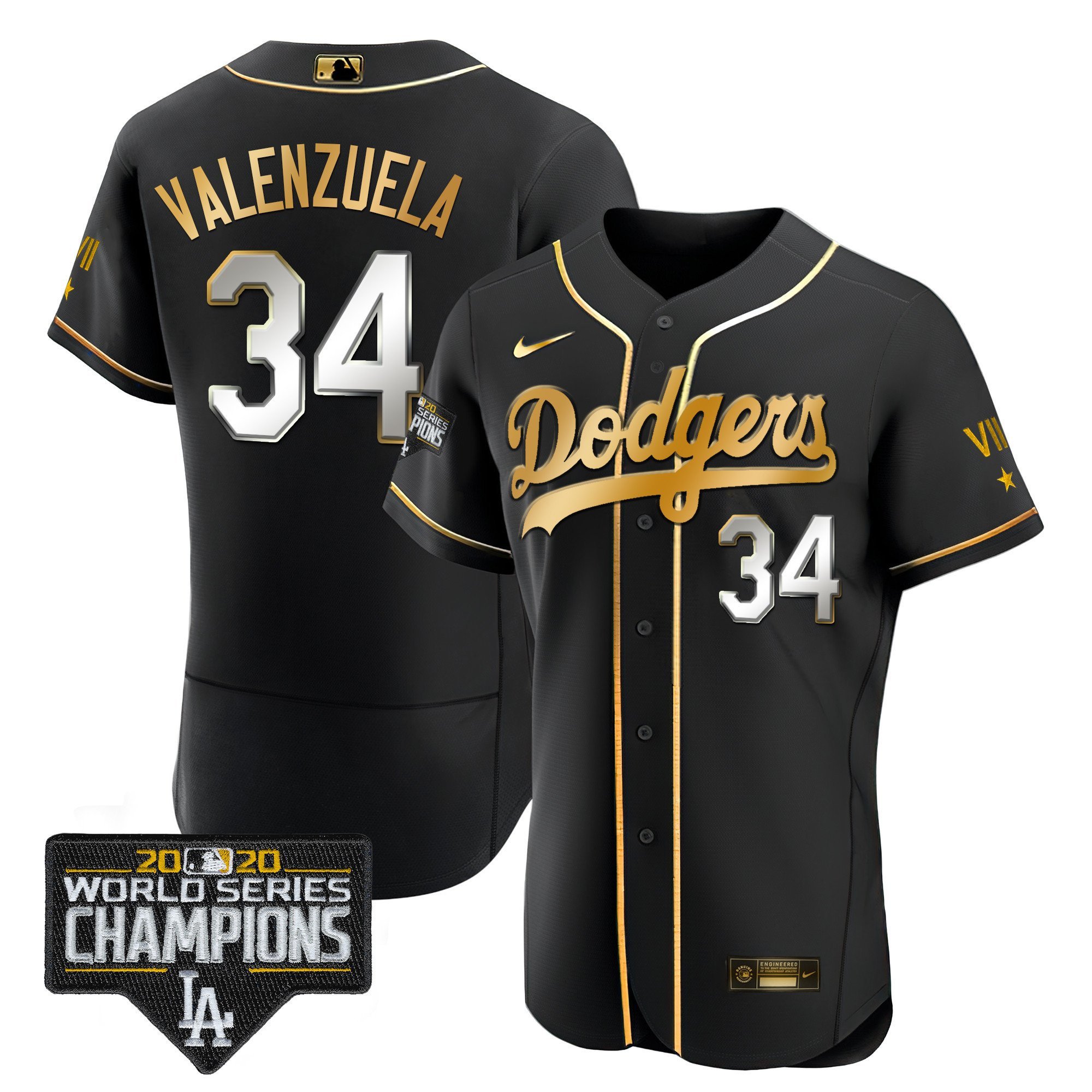 Men's Fernando Valenzuela Los Angeles Dodgers World Series 2020 Gold Flex Black Jersey - All Stitched