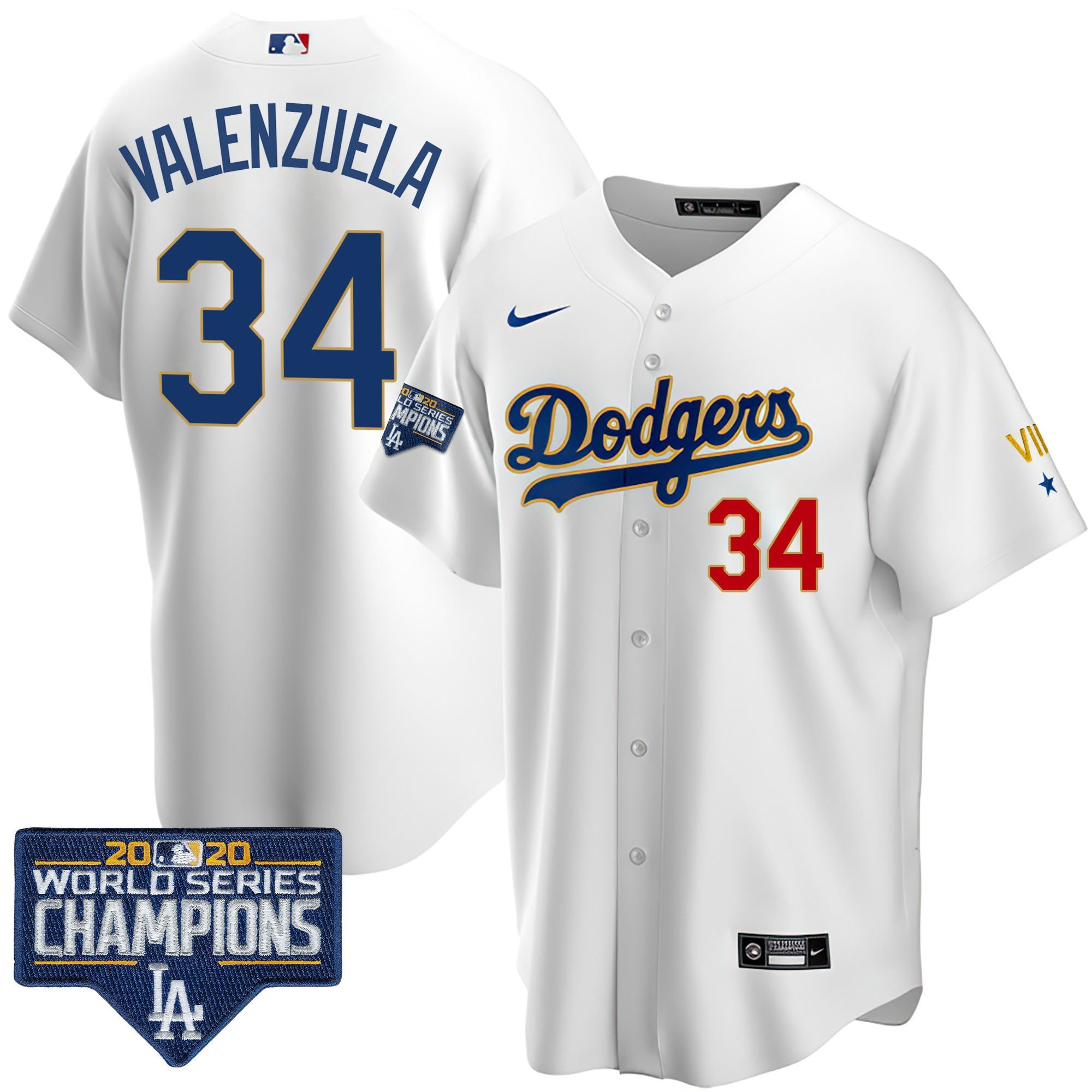 Men's Fernando Valenzuela Los Angeles Dodgers World Series Patch Gold Limited Cool White Jersey - All Stitched