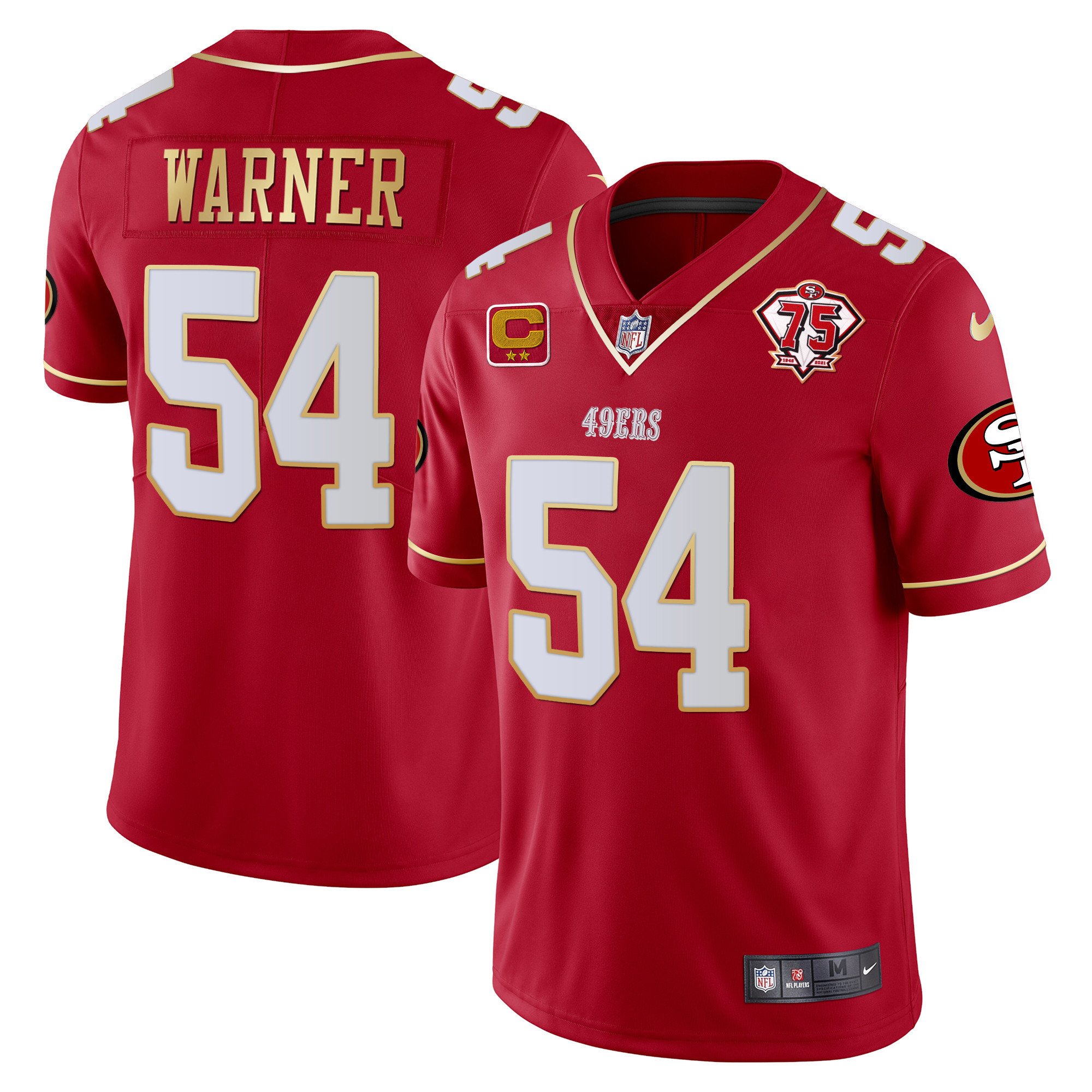 Men's Fred Warner San Francisco 49ers 75th Anniversary Patch Vapor Gold Trim Red Gold Jersey V2 - All Stitched