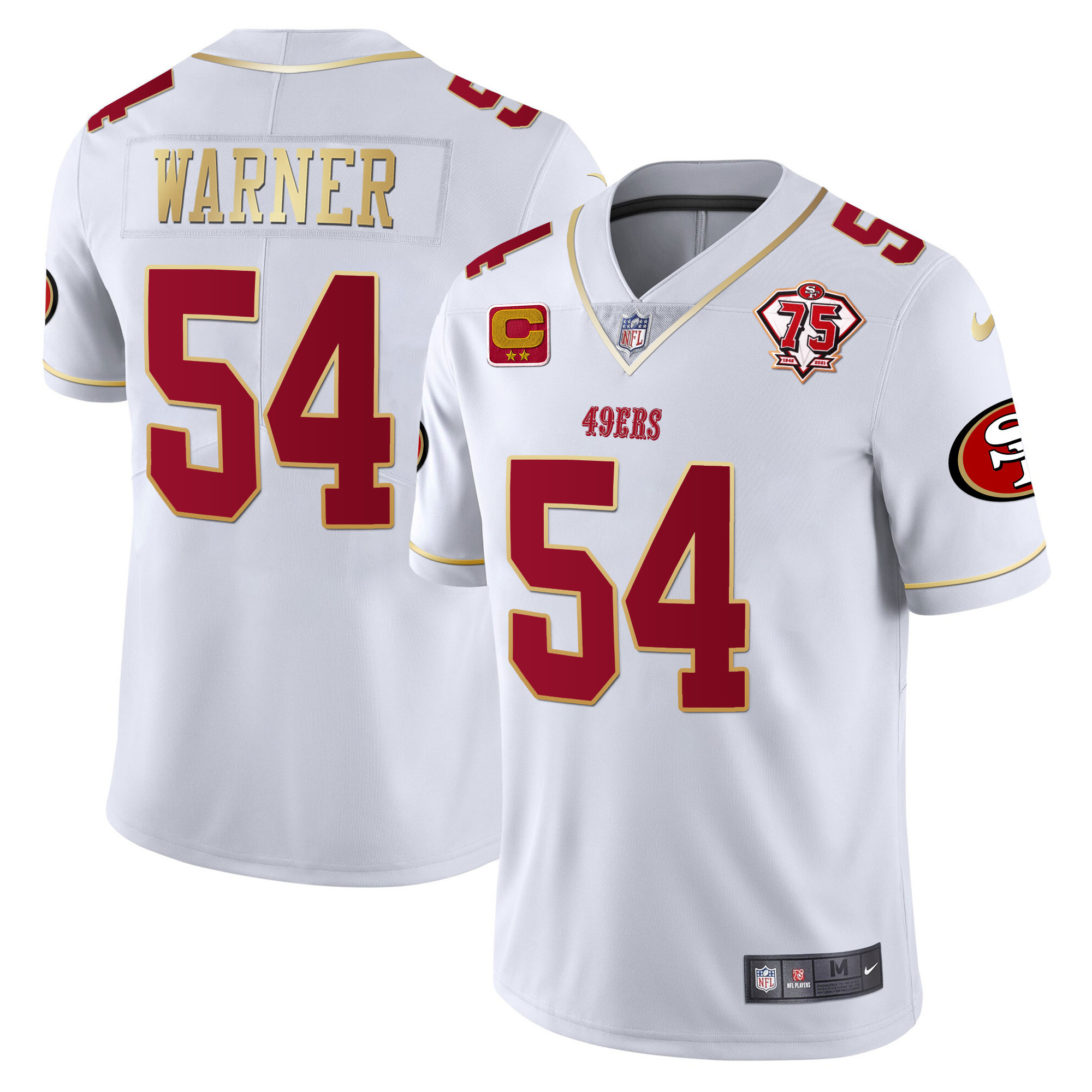 Men's Fred Warner San Francisco 49ers 75th Anniversary Patch Vapor Gold Trim White Gold Jersey V2 - All Stitched