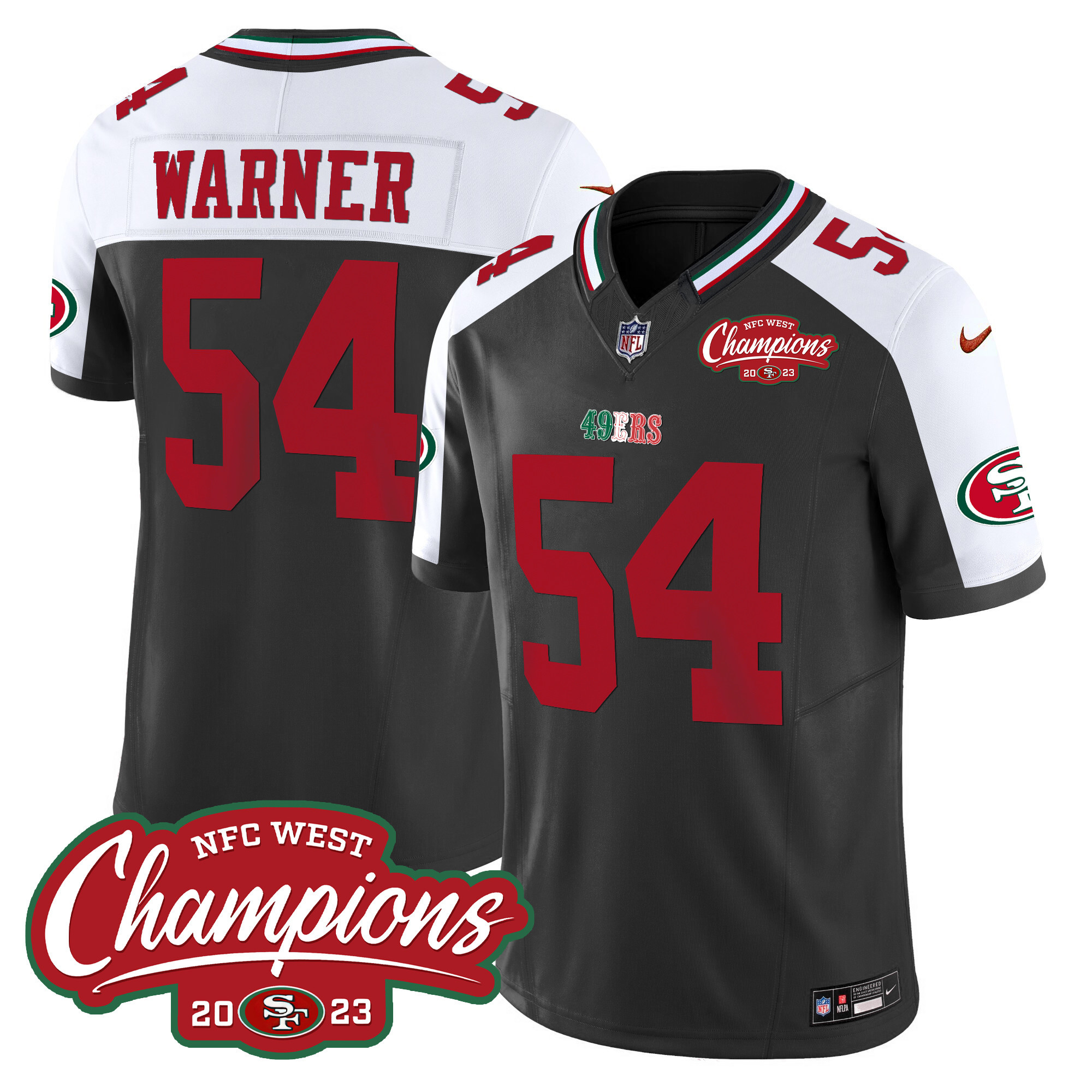 Men's Fred Warner San Francisco 49ers Mexico 2023 NFC West Champions Patch Vapor Black Alternate Jersey - All Stitched