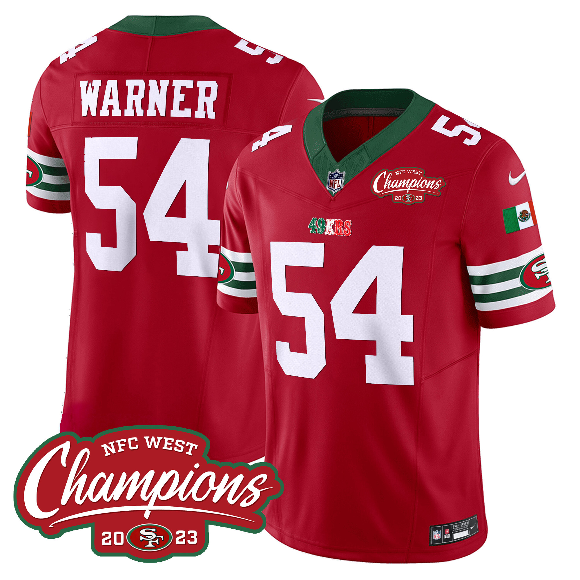 Men's Fred Warner San Francisco 49ers Mexico 2023 NFC West Champions Patch Vapor Red Jersey - All Stitched