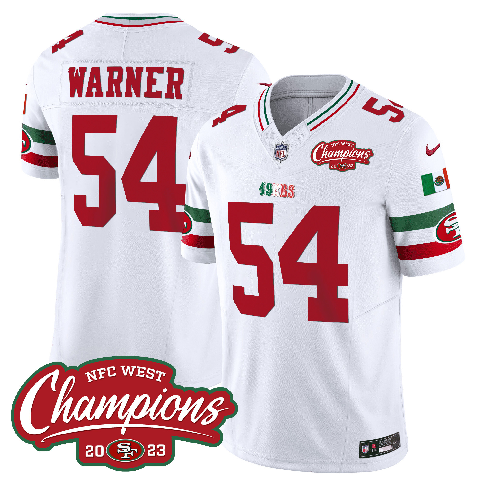 Men's Fred Warner San Francisco 49ers Mexico 2023 NFC West Champions Patch Vapor White Jersey - All Stitched