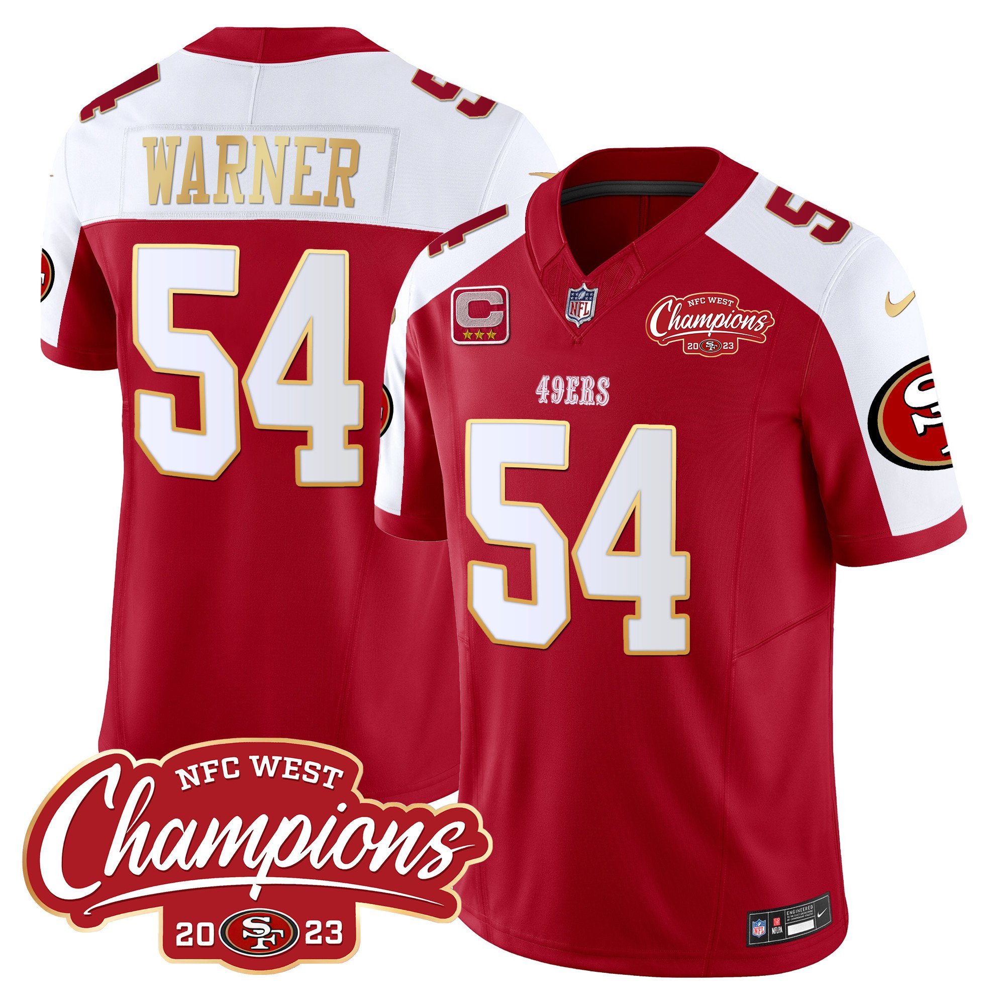 Men's Fred Warner San Francisco 49ers NFC West Champions Gold Trim Vapor Red Alternate Jersey - All Stitched