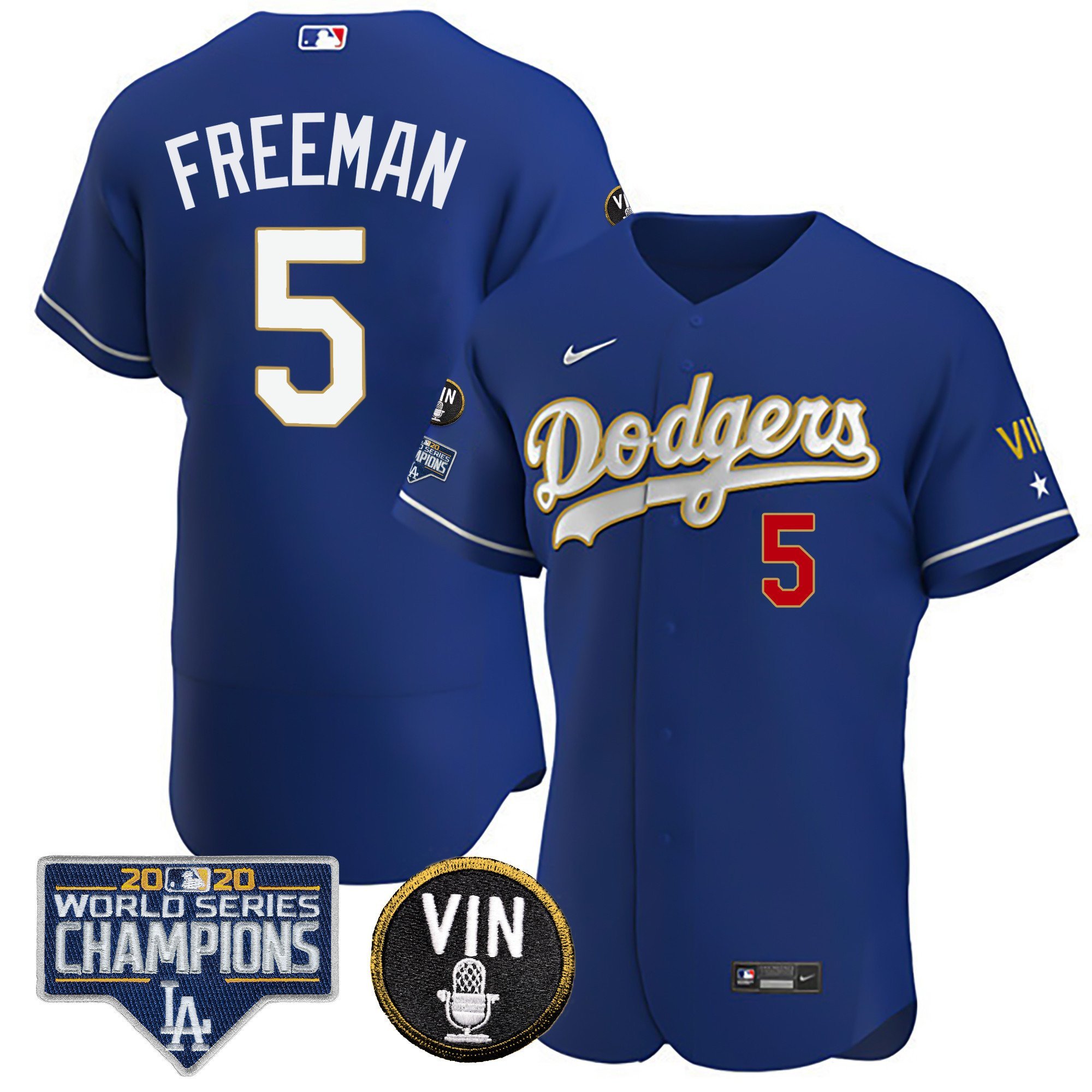 Men's Freddie Freeman Los Angeles Dodgers World Series & Vin Sculy Patch Gold Flex Royal Jersey - All Stitched