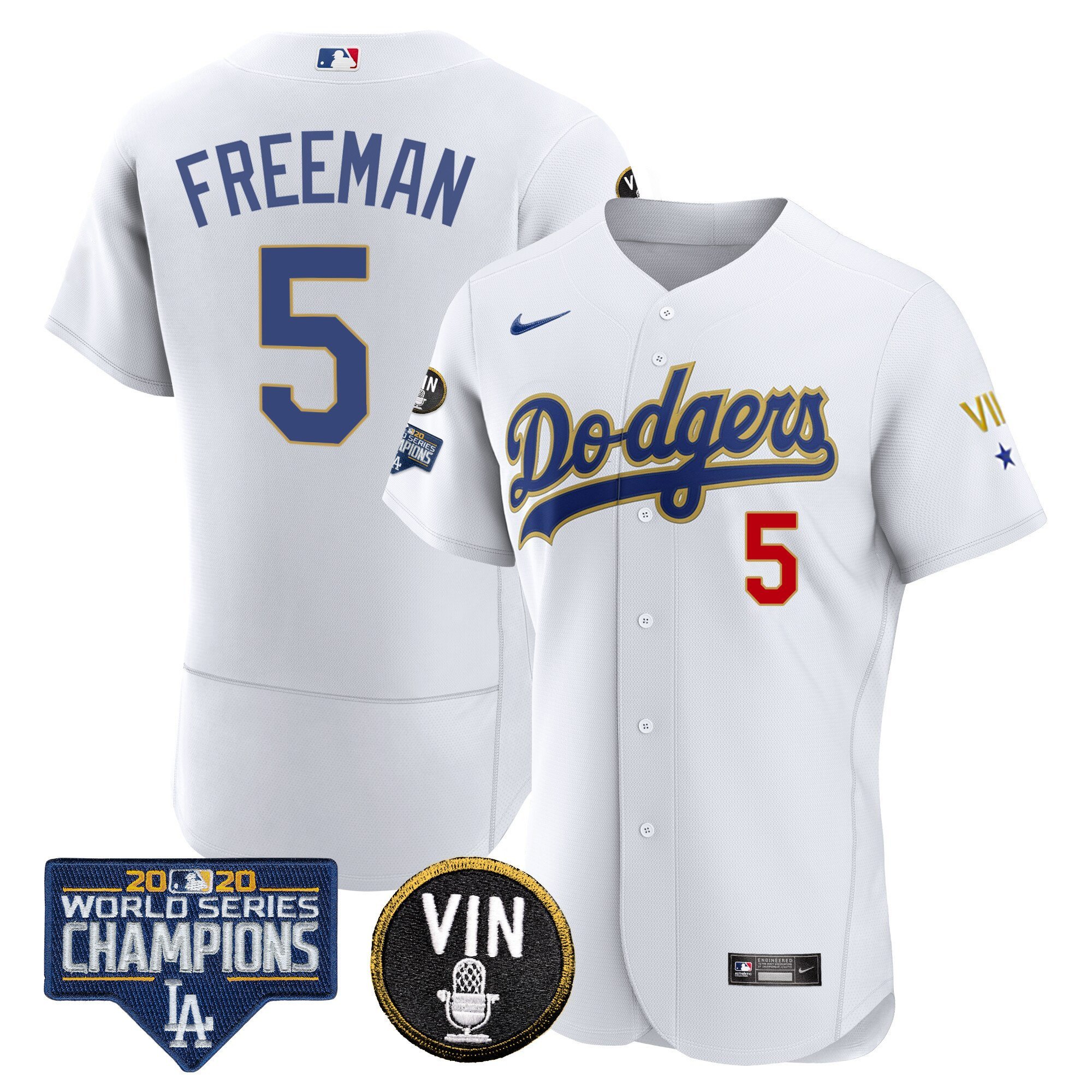 Men's Freddie Freeman Los Angeles Dodgers World Series & Vin Sculy Patch Gold Flex White Jersey - All Stitched