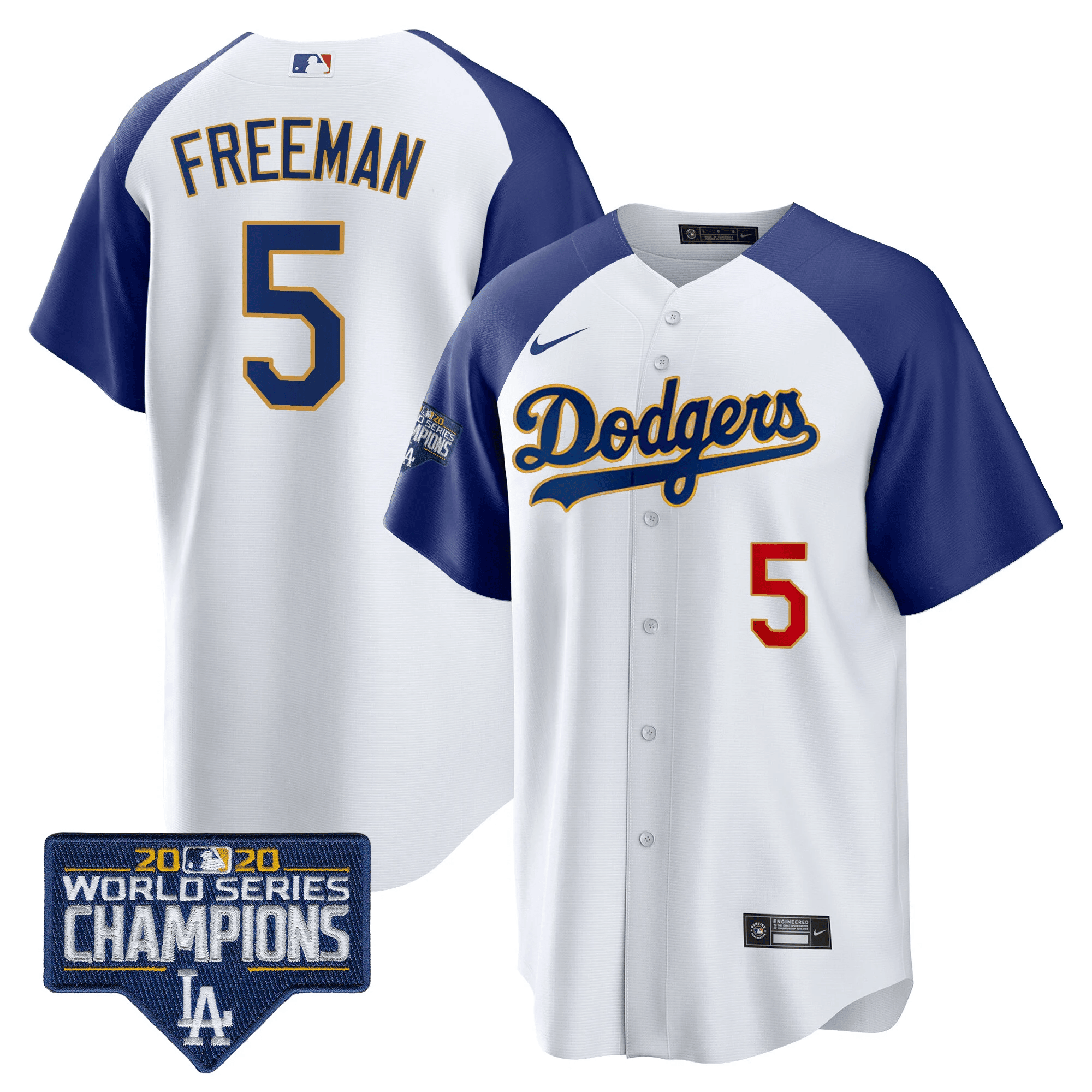 Men's Freddie Freeman Los Angeles Dodgers World Series Champions Patch Cool Base Gold Trim Alternate White Jersey - All Stitched