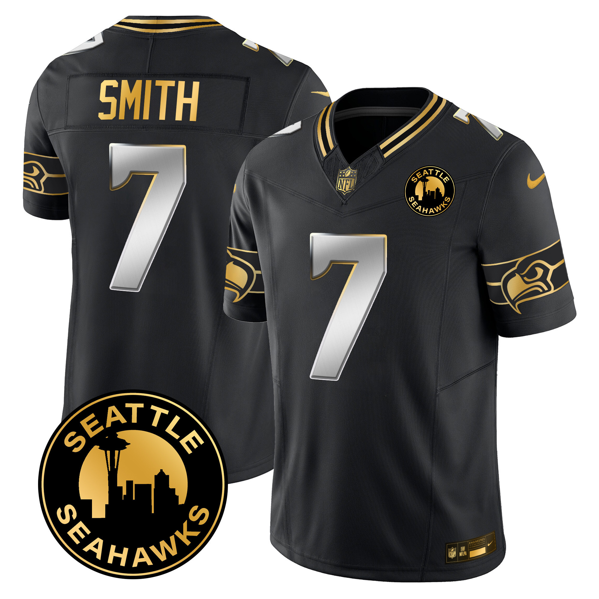 Men's Geno Smith Seattle Seahawks 2024 Seattle City Patch Gold Vapor Limited Black Limited Jersey - All Stitched