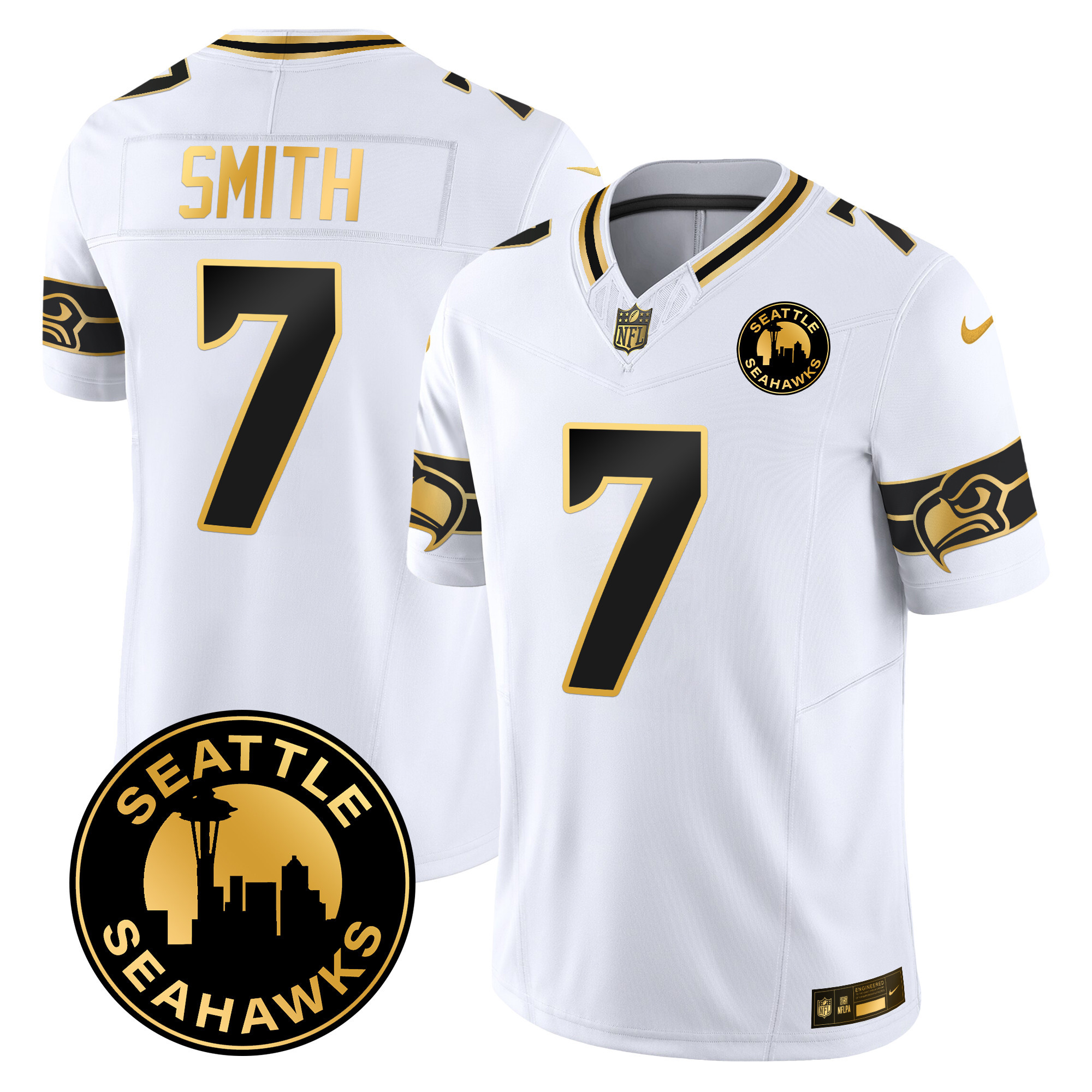 Men’s Geno Smith Seattle Seahawks 2024 Seattle City Patch Gold Vapor Limited White Gold Jersey – All Stitched