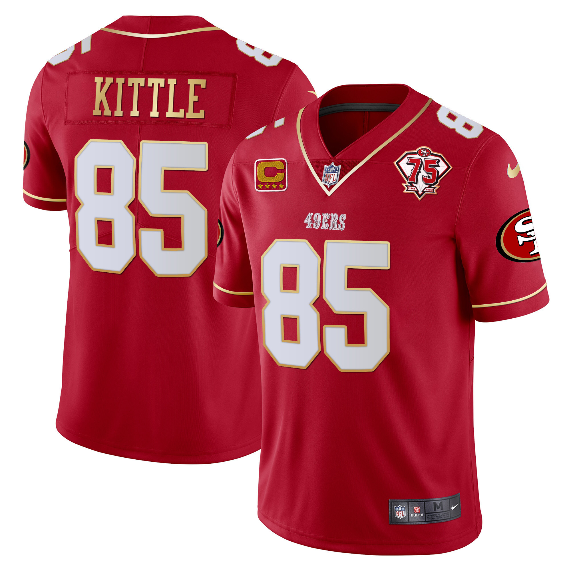 Men's George Kittle San Francisco 49ers 75th Anniversary Patch Vapor Gold Trim Red Gold Jersey V2 - All Stitched