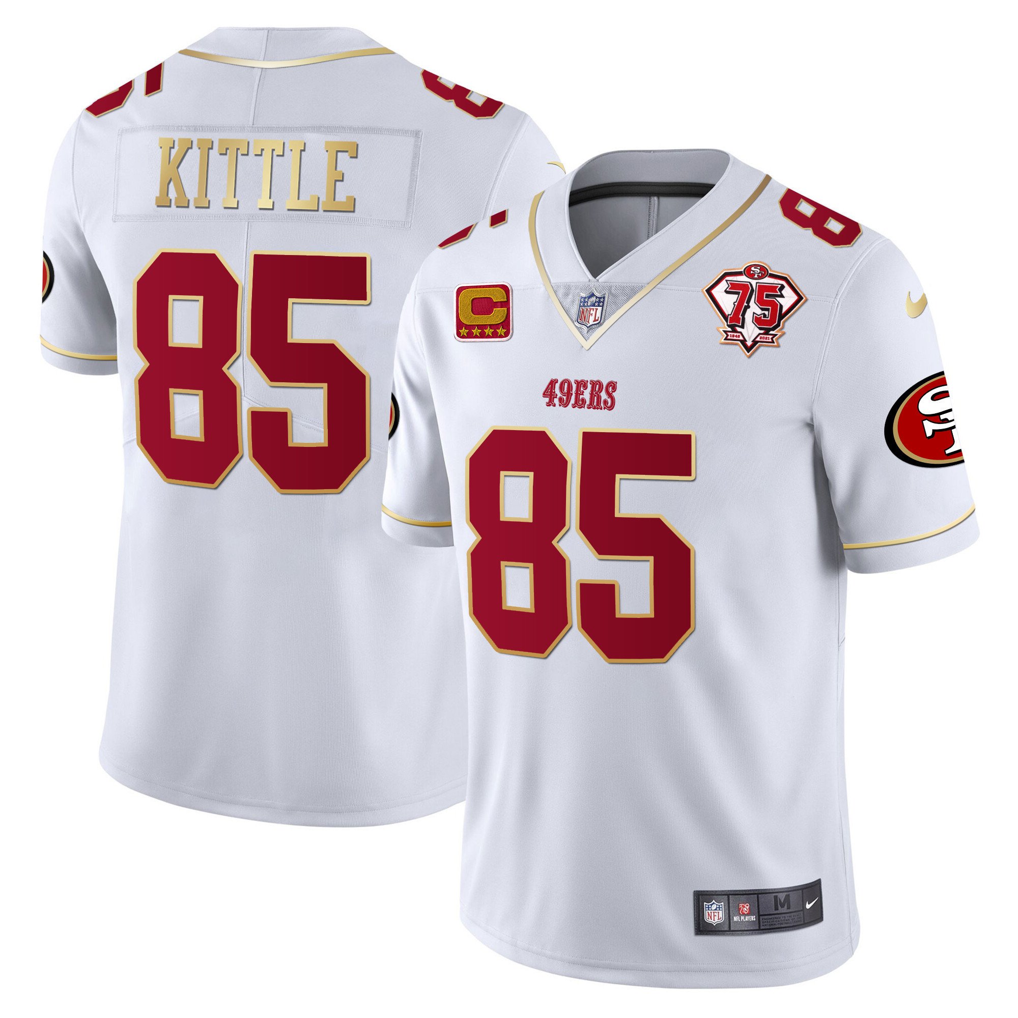 Men's George Kittle San Francisco 49ers 75th Anniversary Patch Vapor Gold Trim White Gold Jersey V2 - All Stitched