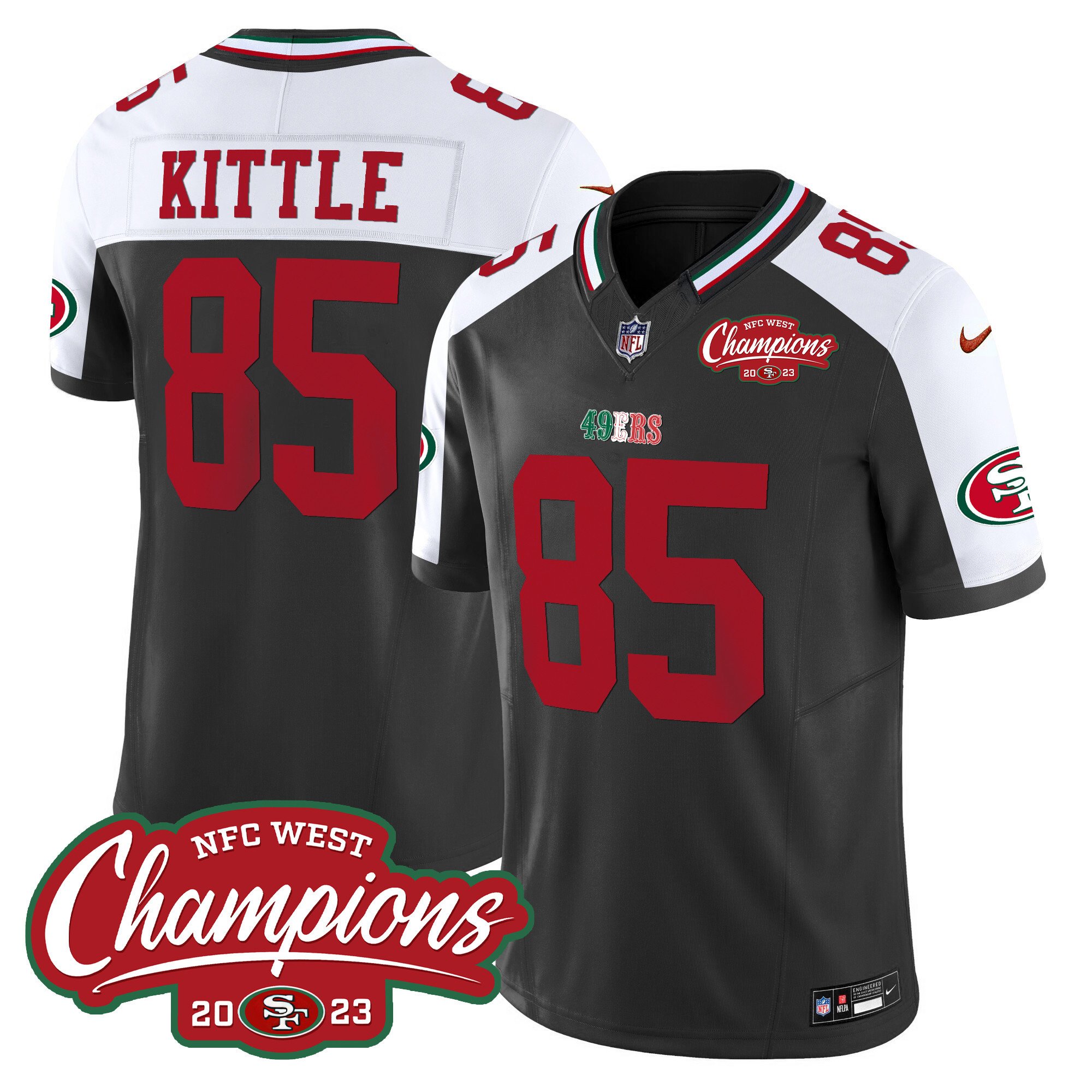 Men's George Kittle San Francisco 49ers Mexico 2023 NFC West Champions Patch Vapor Black Alternate Jersey - All Stitched