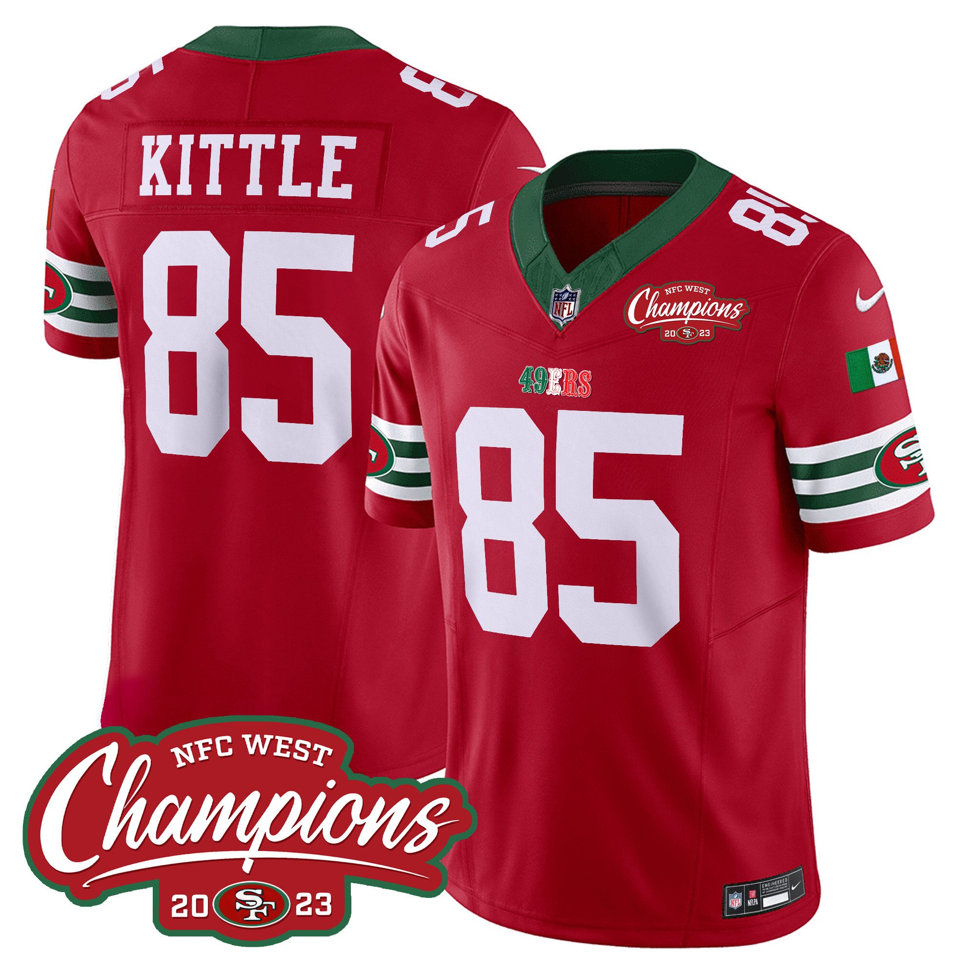 Men's George Kittle San Francisco 49ers Mexico 2023 NFC West Champions Patch Vapor Red Jersey - All Stitched