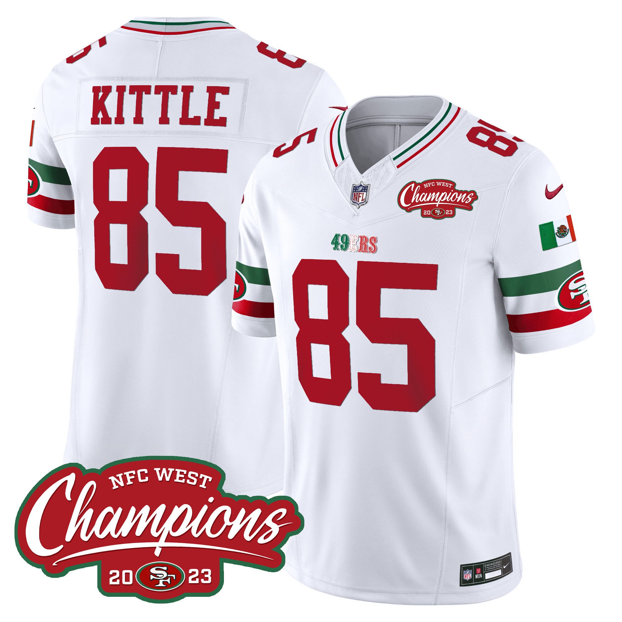 Men's George Kittle San Francisco 49ers Mexico 2023 NFC West Champions Patch Vapor White Jersey - All Stitched