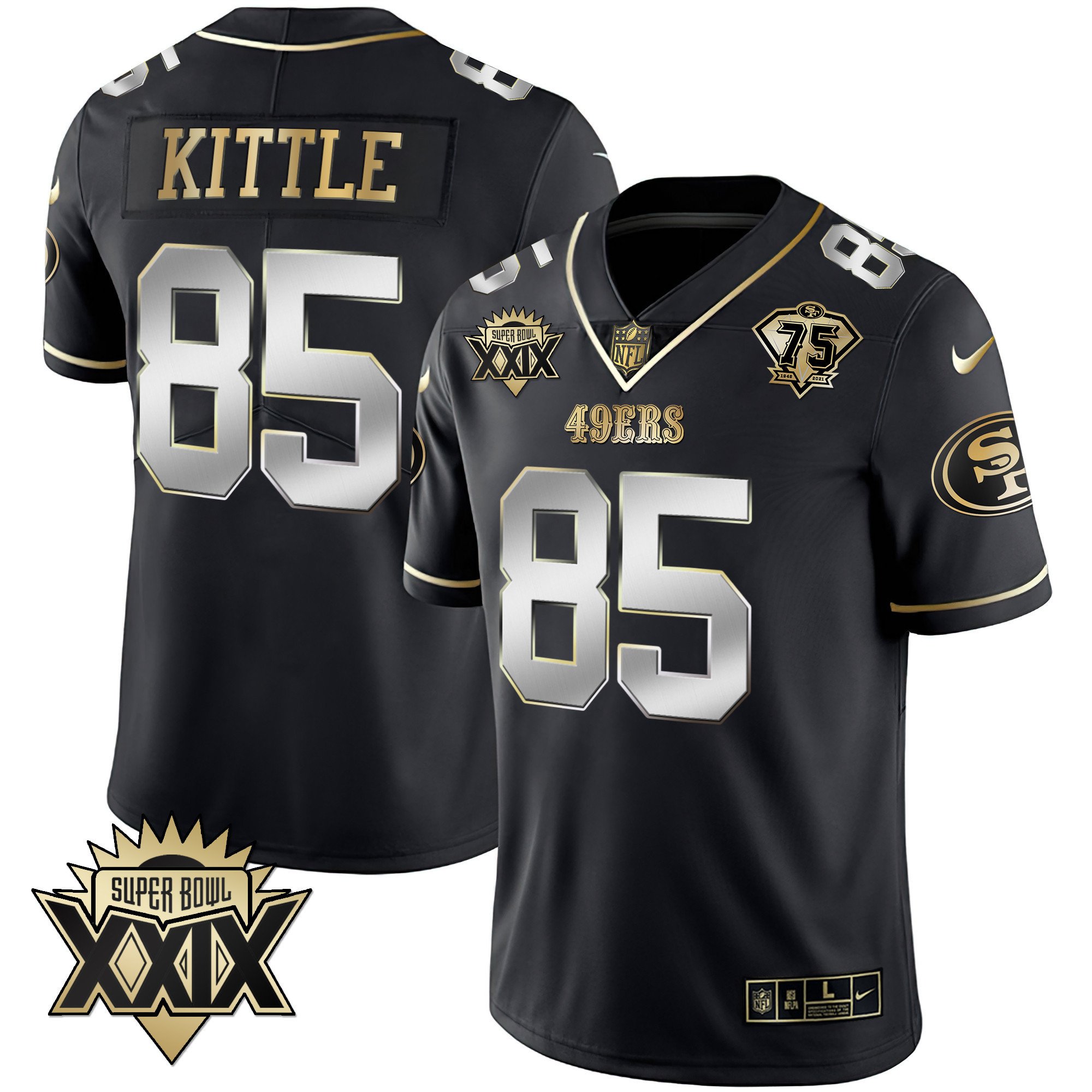 Men's George Kittle San Francisco 49ers Super Bowl XXIX Patch Black Red Gold Black Limited Jersey - All Stitched
