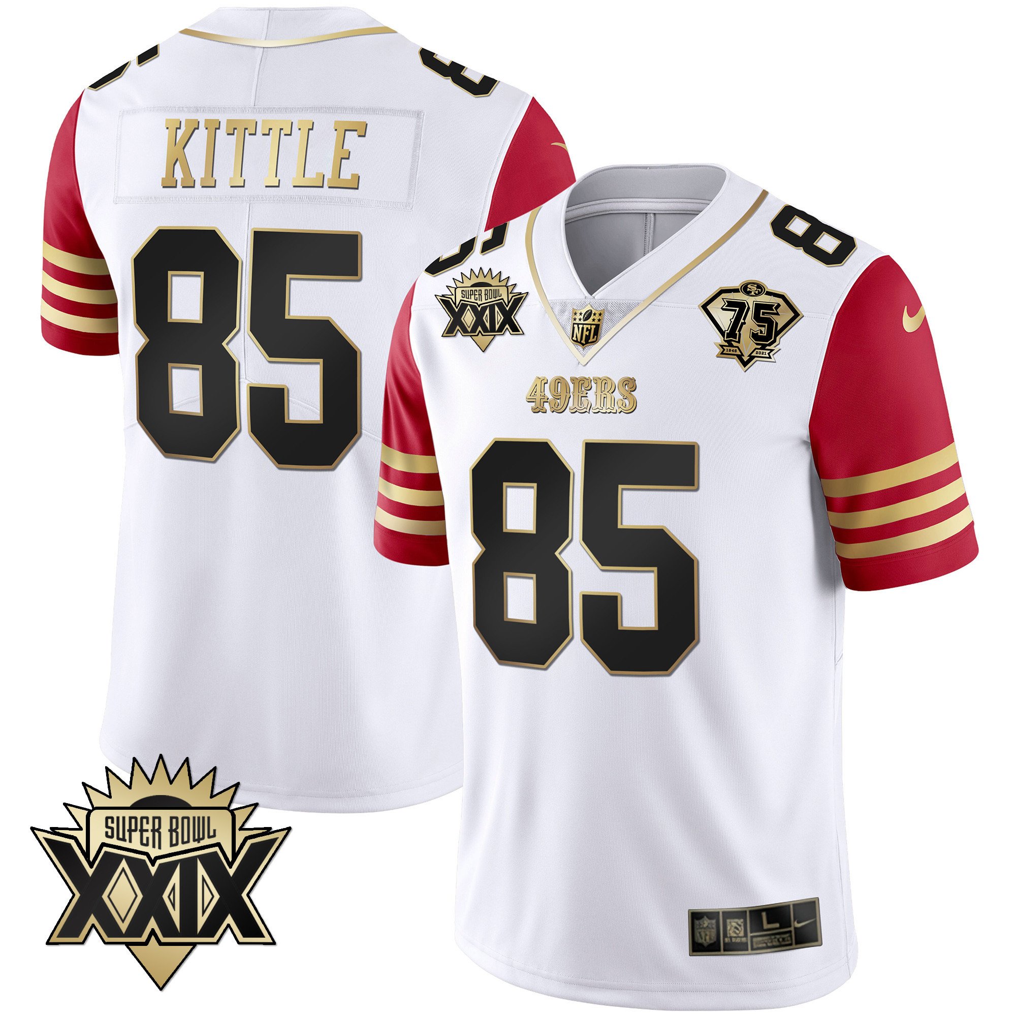 Men's George Kittle San Francisco 49ers Super Bowl XXIX Patch Black Red Gold Red Sleeve Jersey - All Stitched