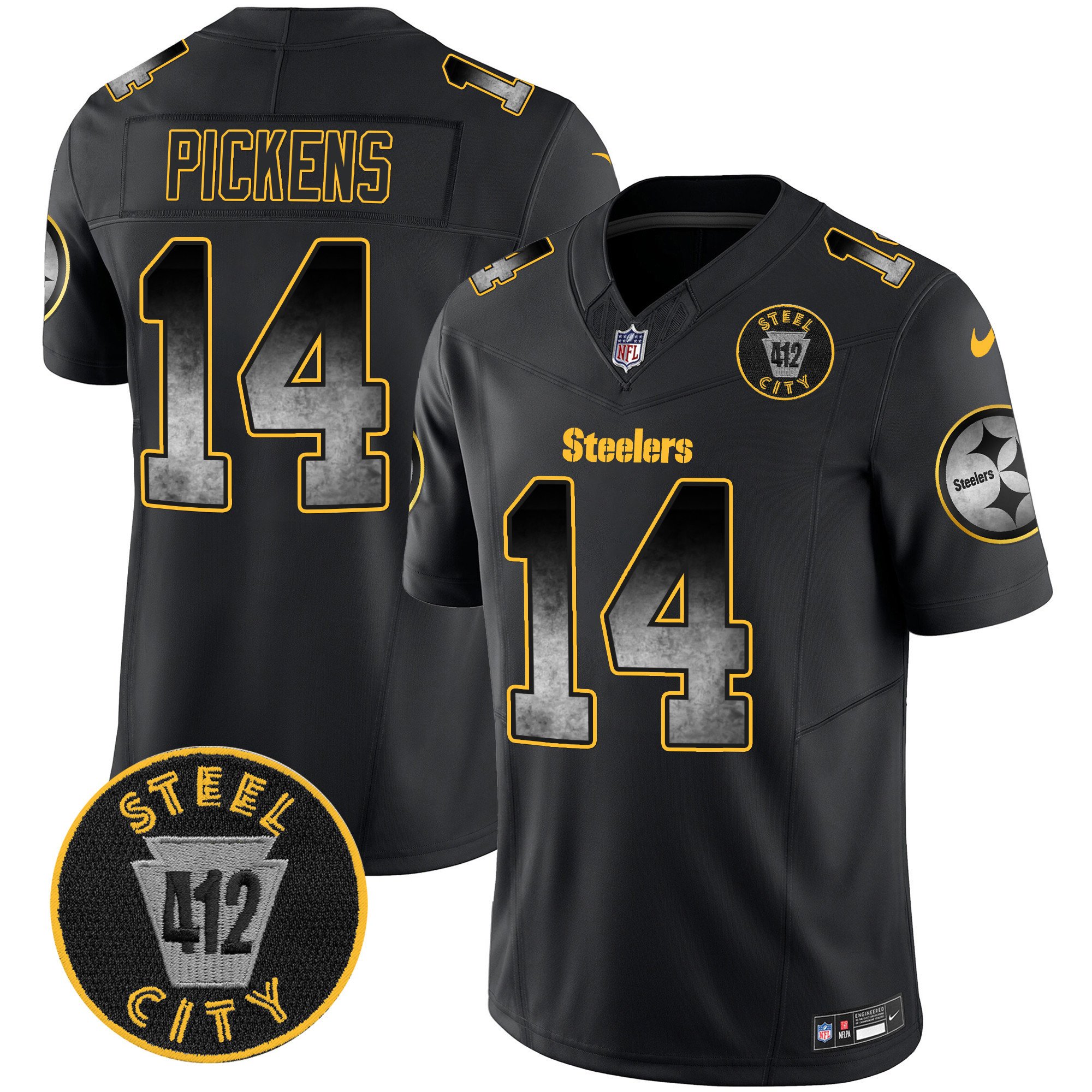 Men's George Pickens Pittsburgh Steelers Arch Smoke 412 Patch Vapor Limited Black Jersey - All Stitched